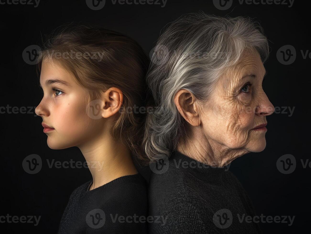 A side-profile portrait of two women, one younger and one older, both with thoughtful expressions, their age differences subtly visible photo