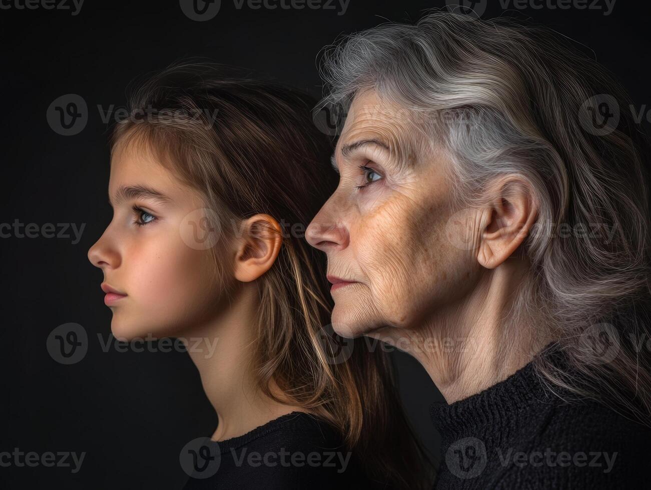 A side-profile portrait of two women, one younger and one older, both with thoughtful expressions, their age differences subtly visible photo
