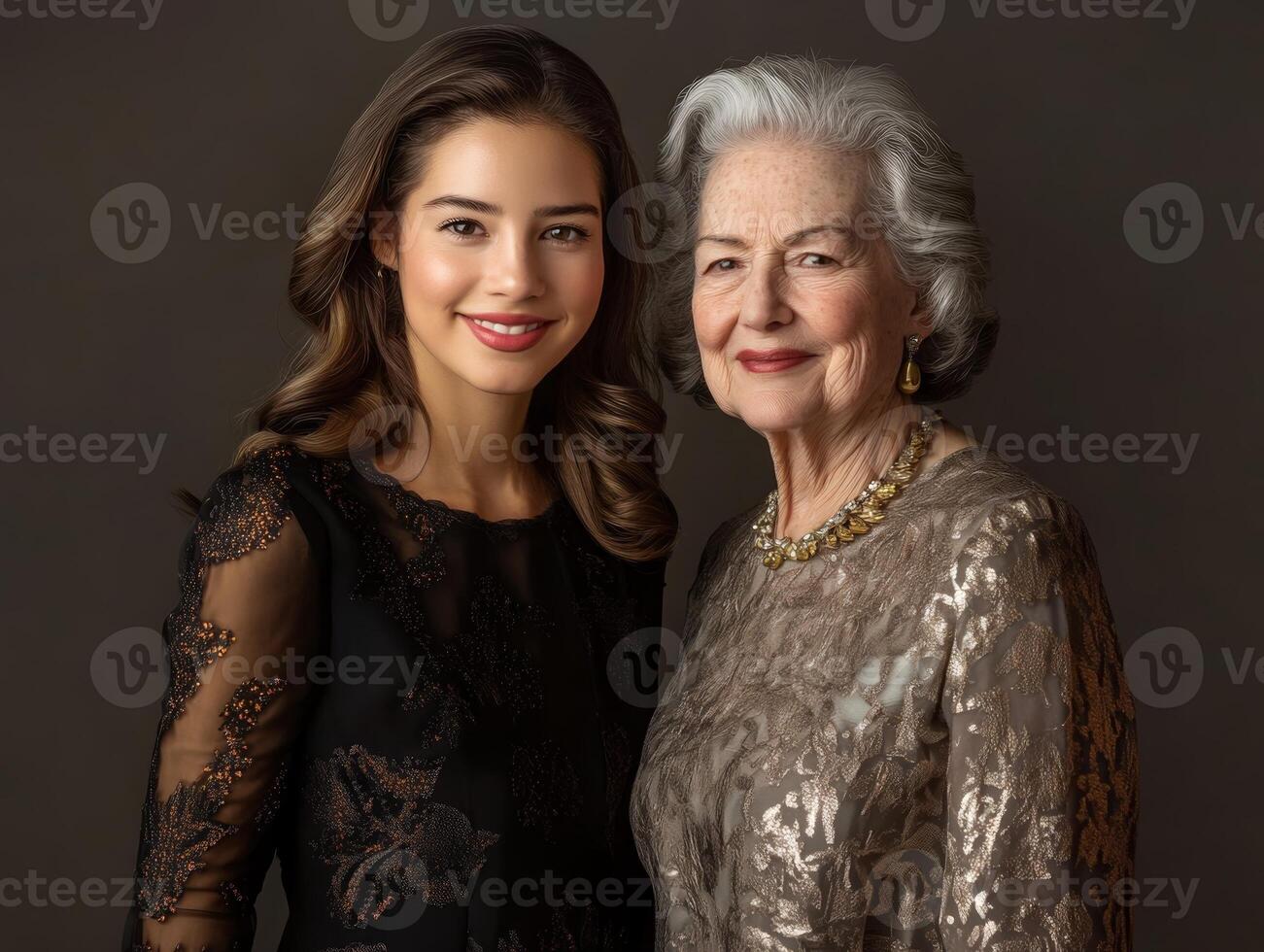 A younger woman and an older woman, both beautifully dressed, standing together with subtle smiles, highlighting their different ages but shared grace photo