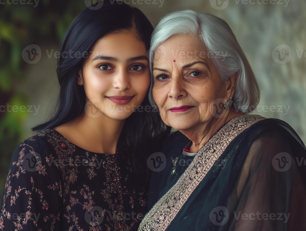 A younger woman and an older woman, both beautifully dressed, standing together with subtle smiles, highlighting their different ages but shared grace photo