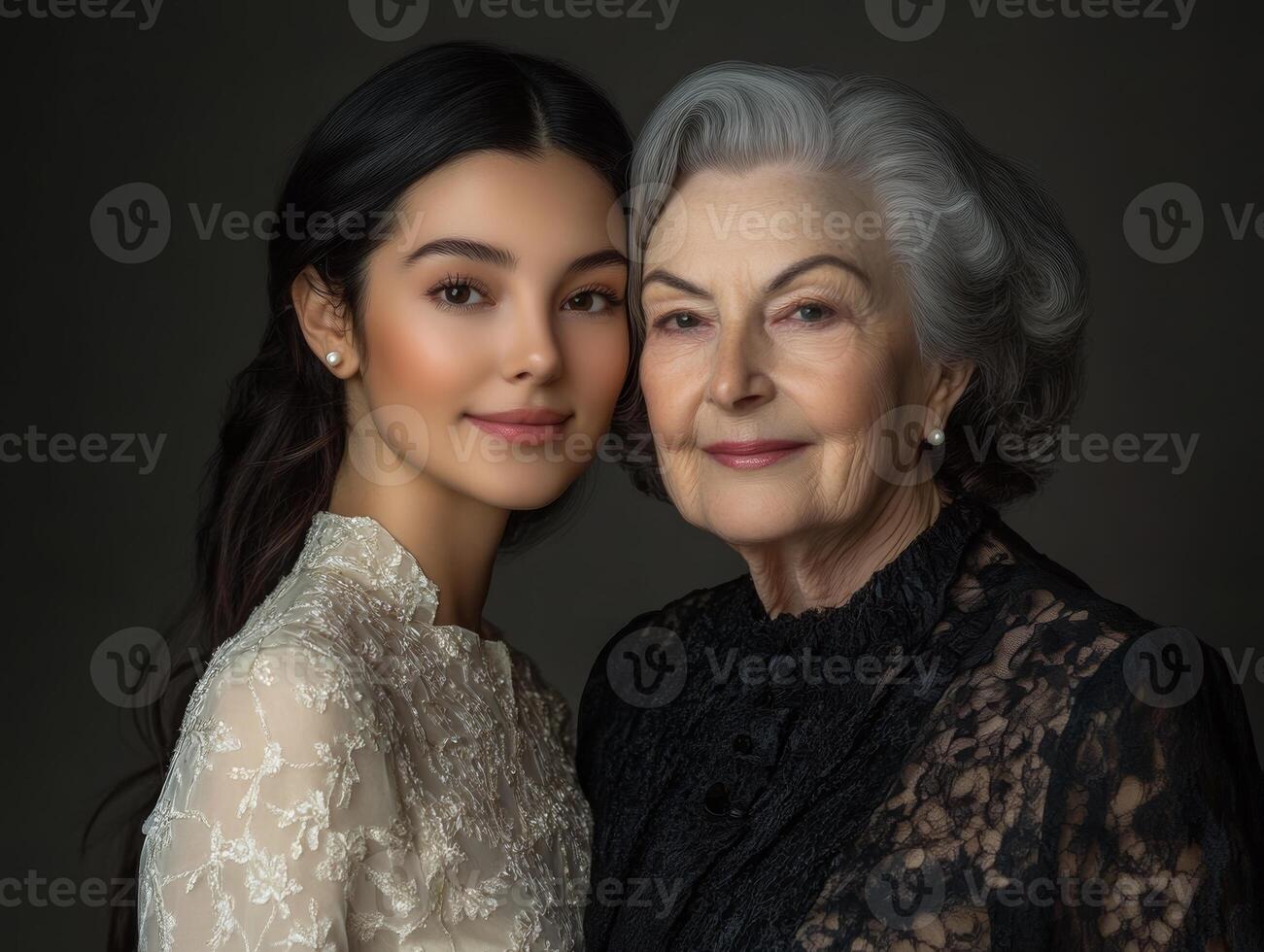 A younger woman and an older woman, both beautifully dressed, standing together with subtle smiles, highlighting their different ages but shared grace photo