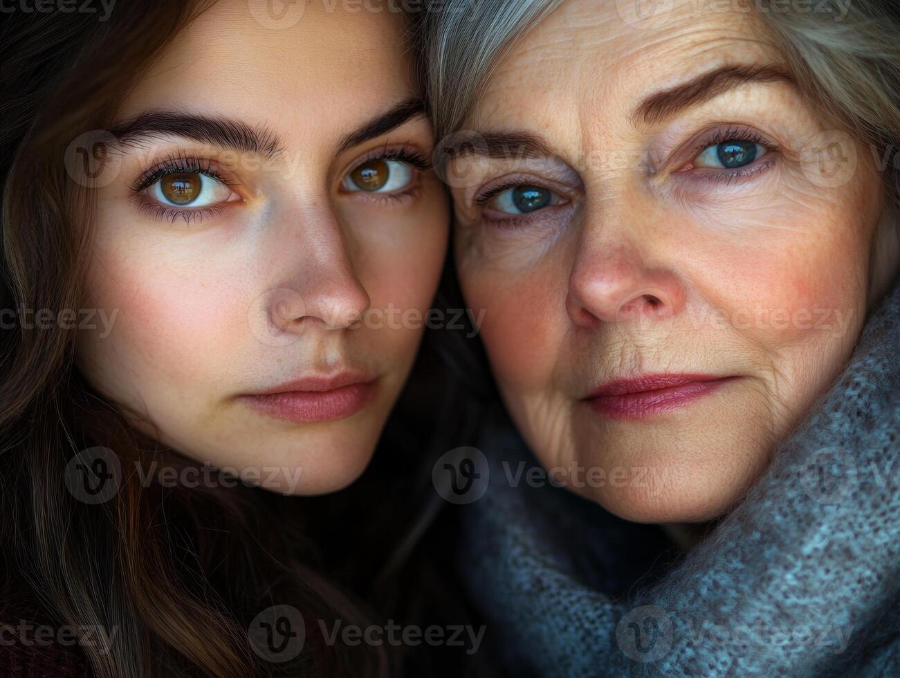 Close-up of two women, one in her twenties and one in her fifties, looking into the camera with warm expressions, contrasting their ages beautifully photo