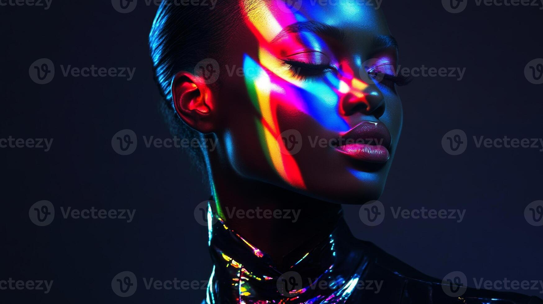 A fashion-forward woman in a sleek outfit, her face illuminated by bright, multicolor reflections, blending elegance and vibrancy photo
