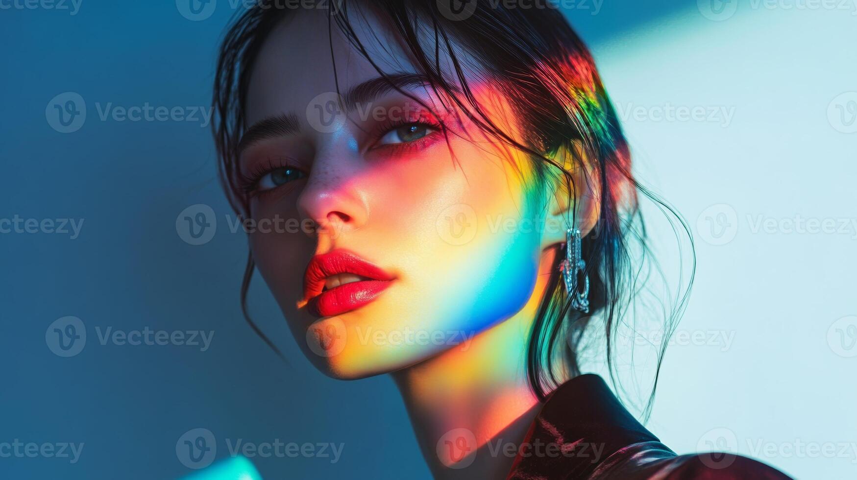 A fashionable woman with rainbow-like light reflecting across her face, her sharp features and chic outfit in contrast with the vibrant colors photo