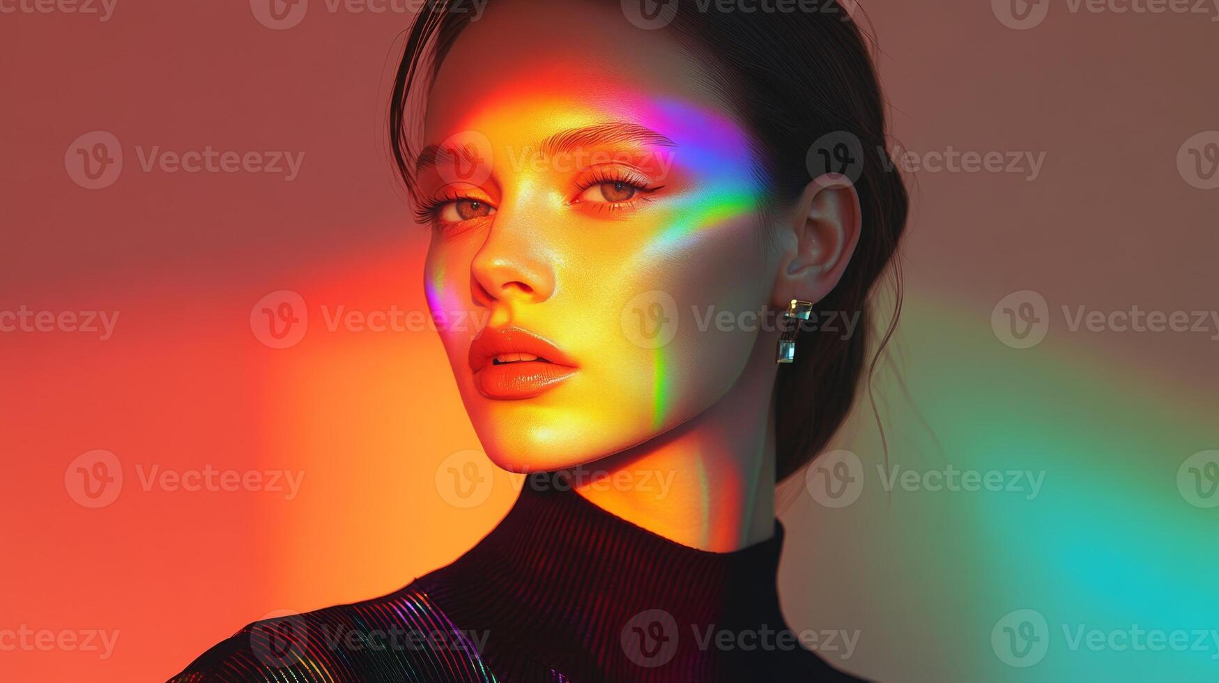 A fashionable woman with rainbow-like light reflecting across her face, her sharp features and chic outfit in contrast with the vibrant colors photo