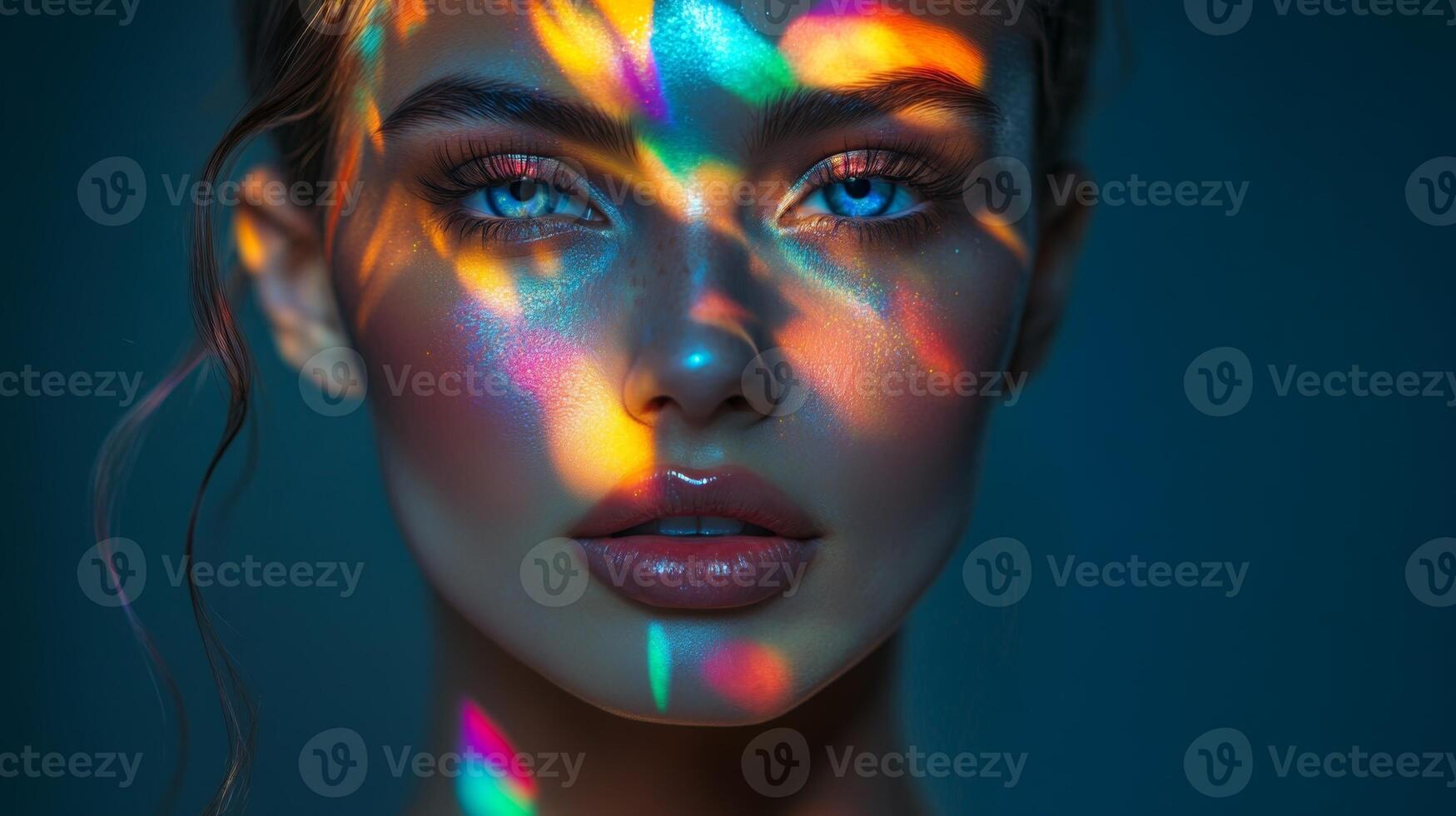 A glamorous woman with prismatic reflections of light creating multicolor highlights on her face, adding an artistic flair to her elegant style photo