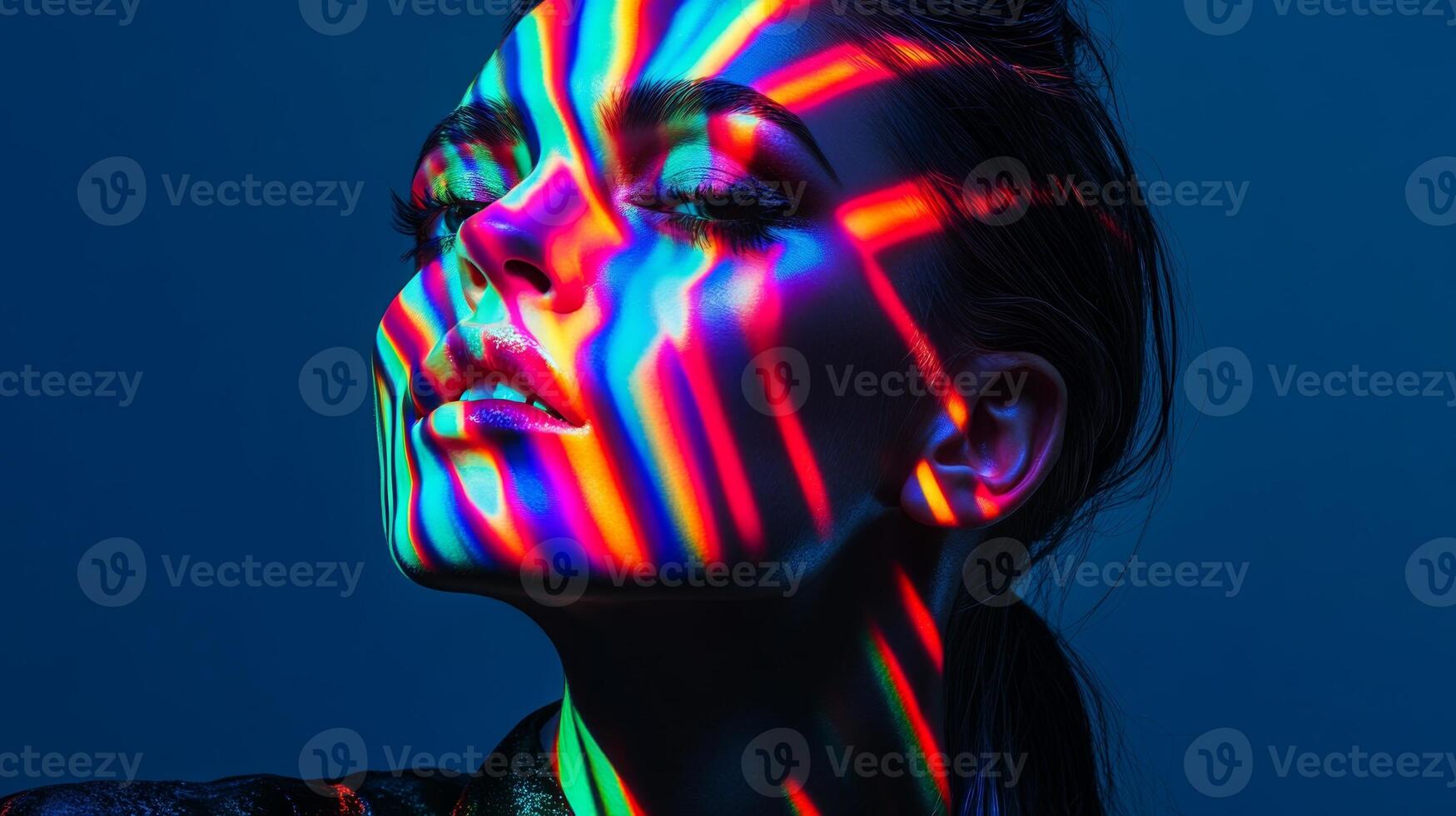 A glamorous woman with streaks of vibrant light casting abstract patterns on her face, accentuating her avant-garde style photo
