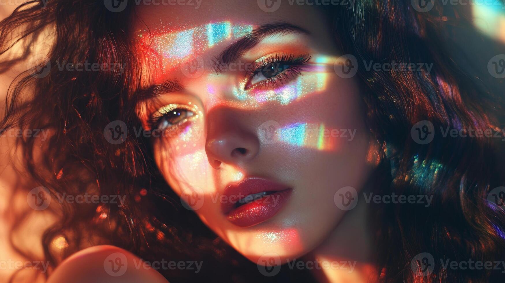 A glamorous woman with prismatic reflections of light creating multicolor highlights on her face, adding an artistic flair to her elegant style photo