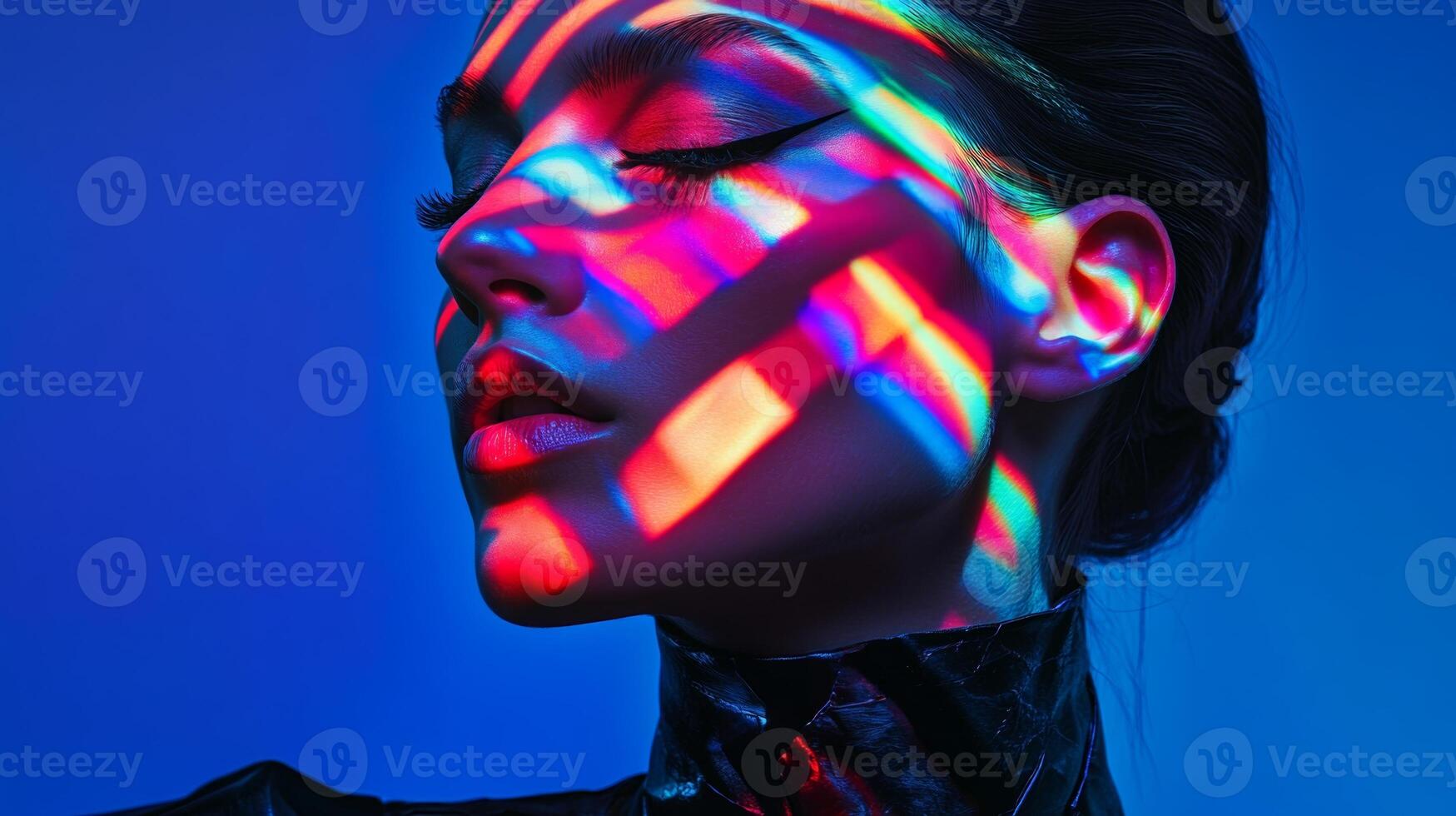 A glamorous woman with streaks of vibrant light casting abstract patterns on her face, accentuating her avant-garde style photo