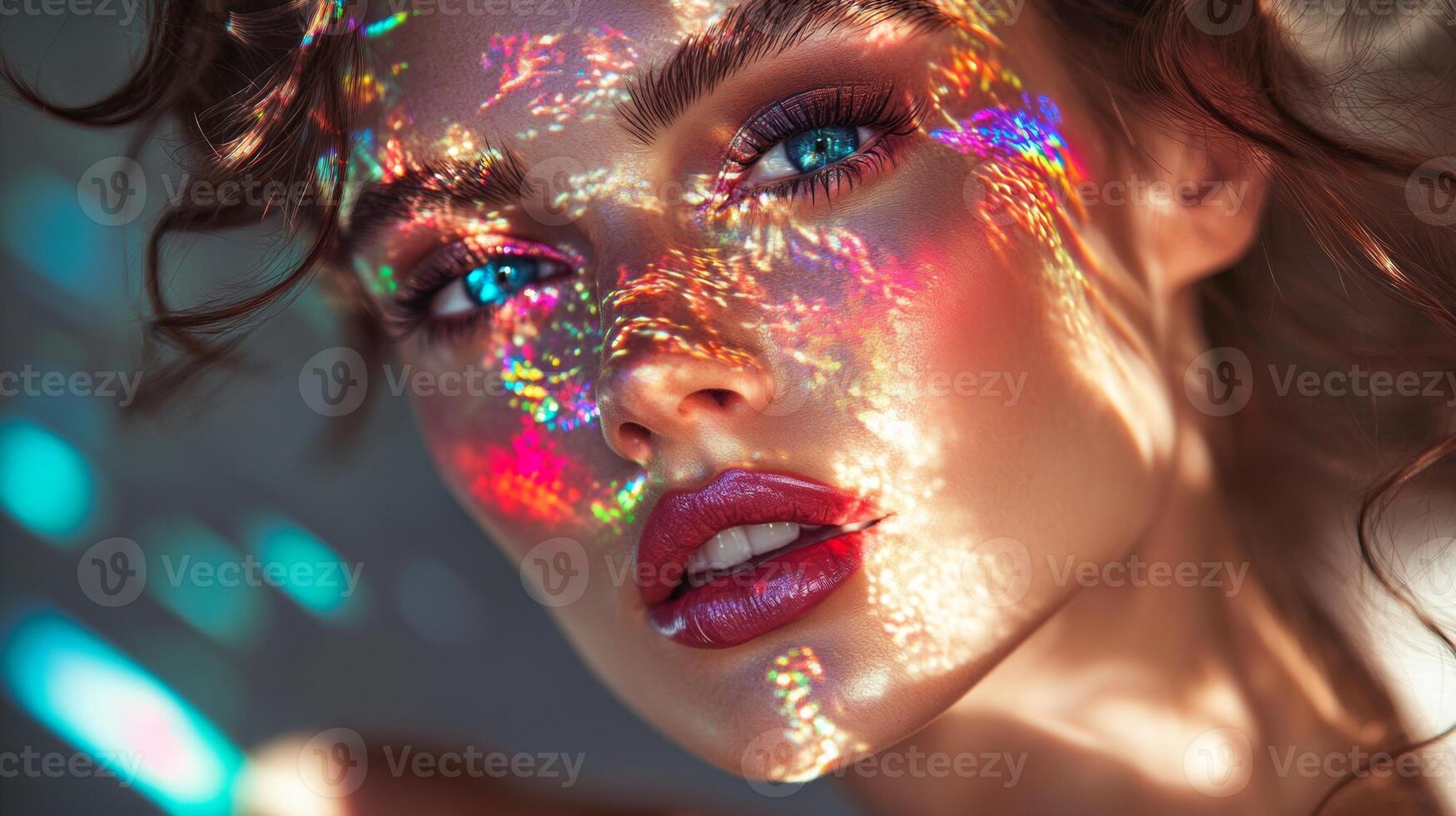 A glamorous woman with prismatic reflections of light creating multicolor highlights on her face, adding an artistic flair to her elegant style photo