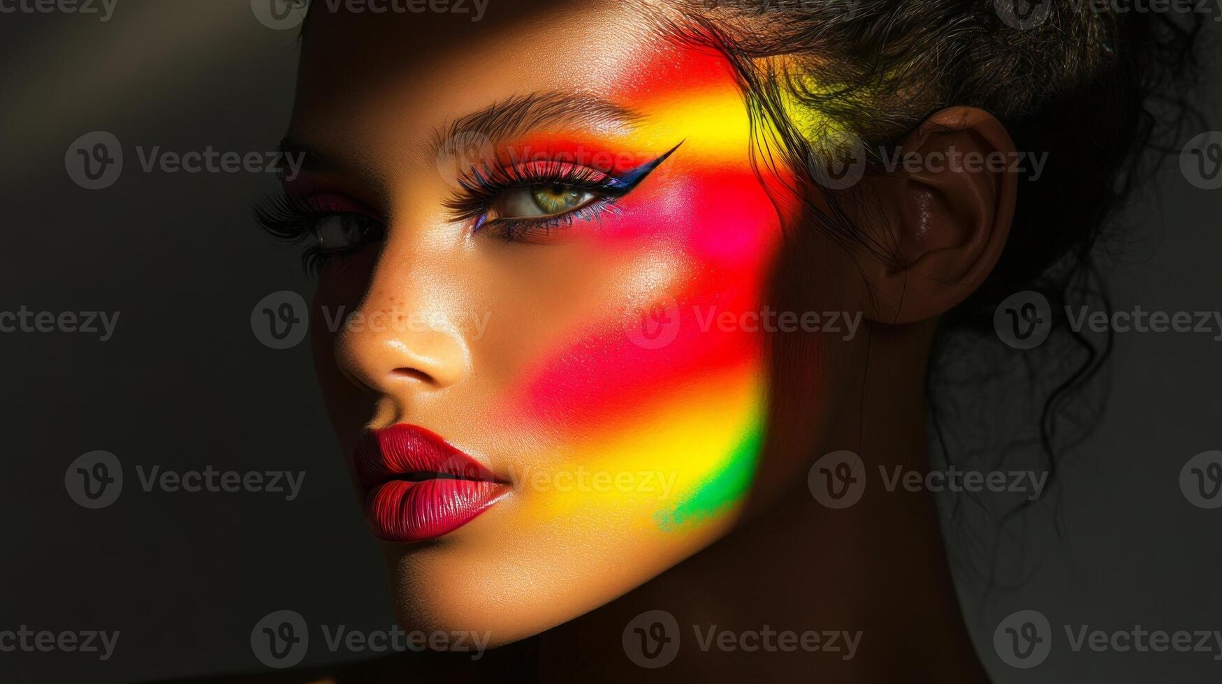 A model with bold contouring makeup, with vivid, multicolor highlights adding depth and dimension to her face, creating a dynamic fashion look photo