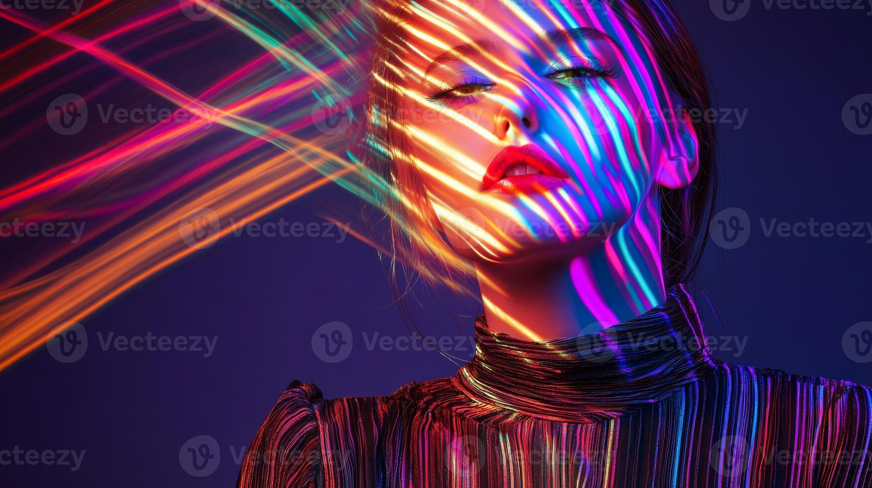 A woman in trendy clothes, her face adorned with streaks of multicolored light, giving her a vibrant and creative appearance photo