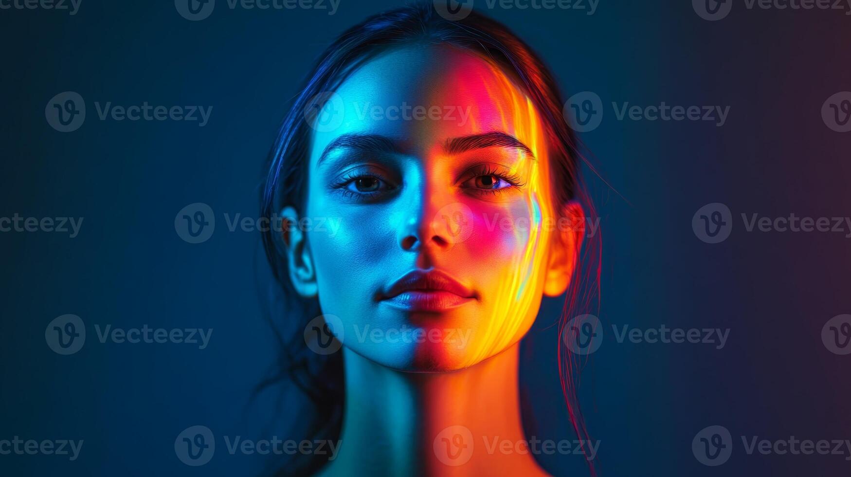 A woman with a serene expression, multicolor highlights gently illuminating her features, set against a minimalistic background photo