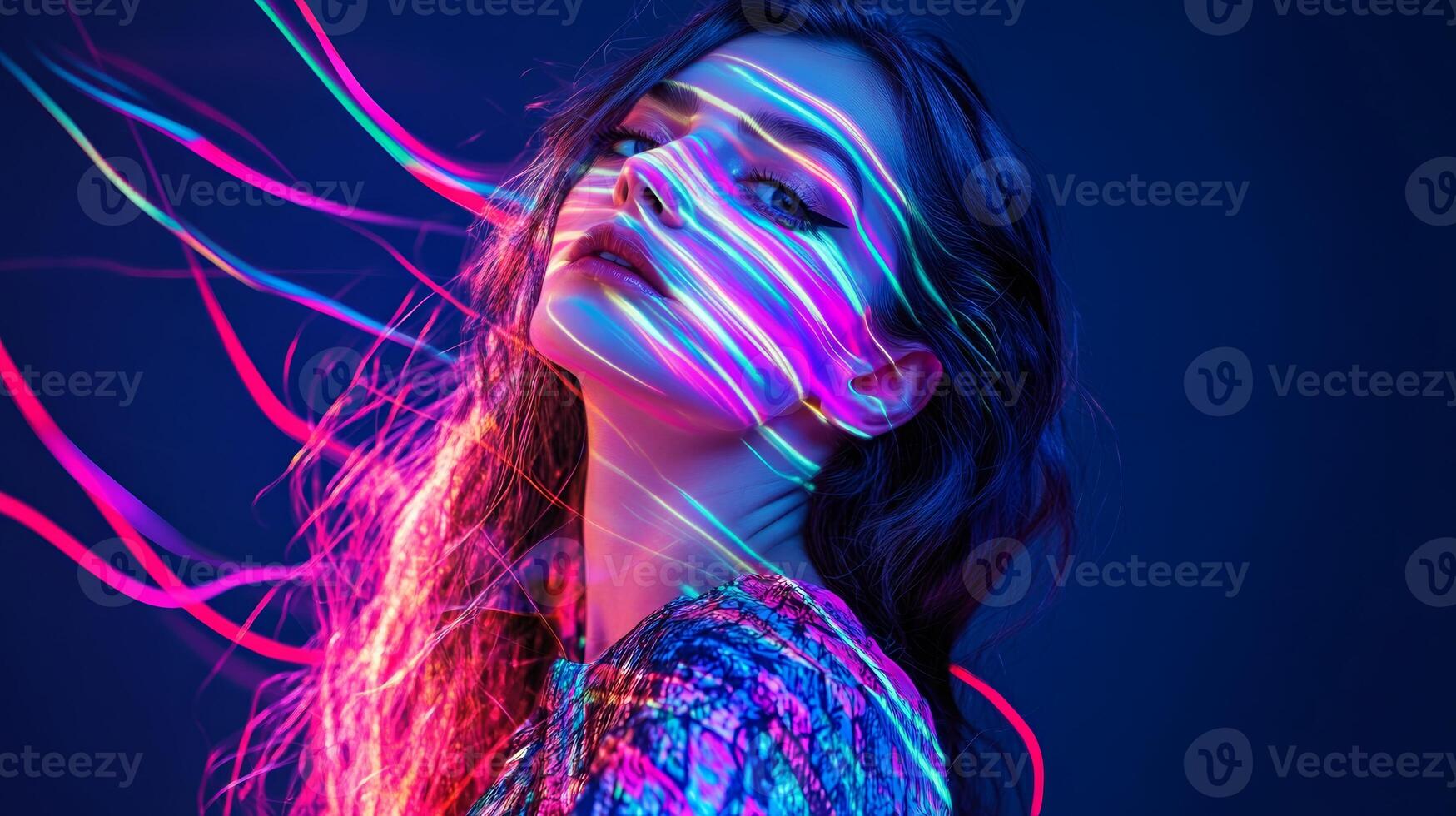 A woman in trendy clothes, her face adorned with streaks of multicolored light, giving her a vibrant and creative appearance photo