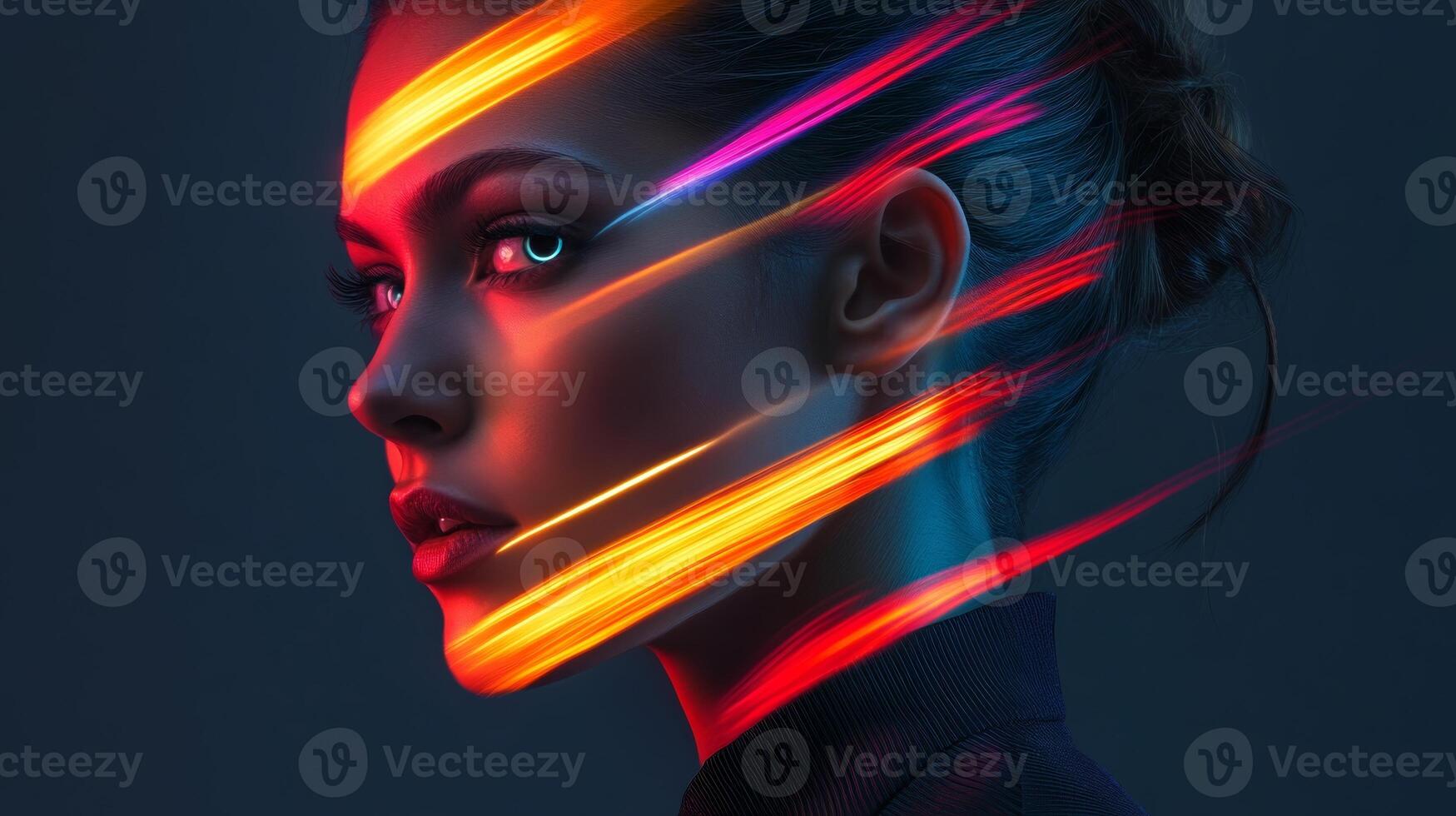 A woman with a sharp jawline and colorful light streaks playing across her face, creating a striking contrast against her modern outfit photo
