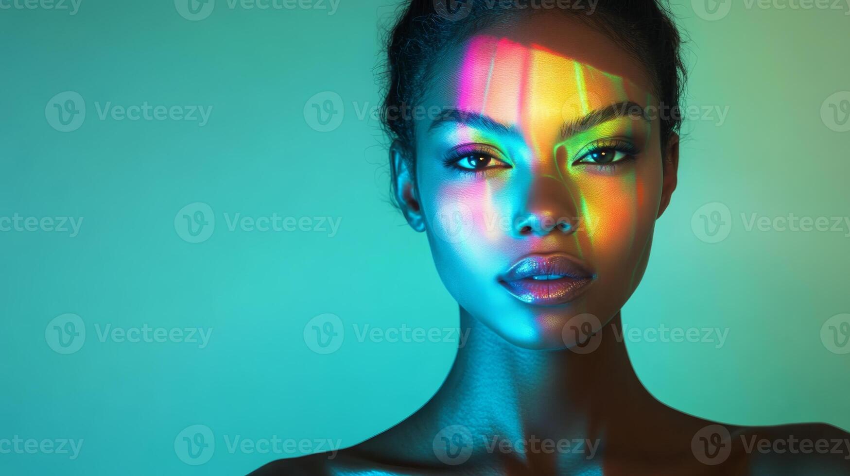 A woman with a serene expression, multicolor highlights gently illuminating her features, set against a minimalistic background photo