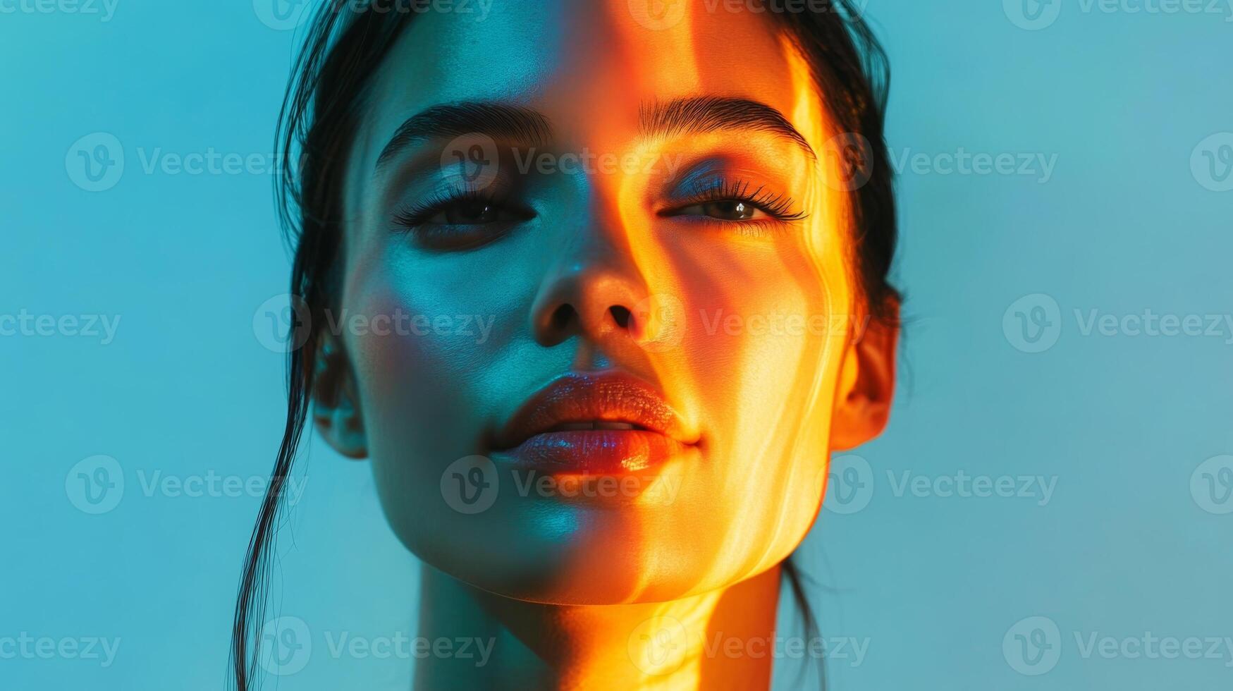 A woman with a serene expression, multicolor highlights gently illuminating her features, set against a minimalistic background photo