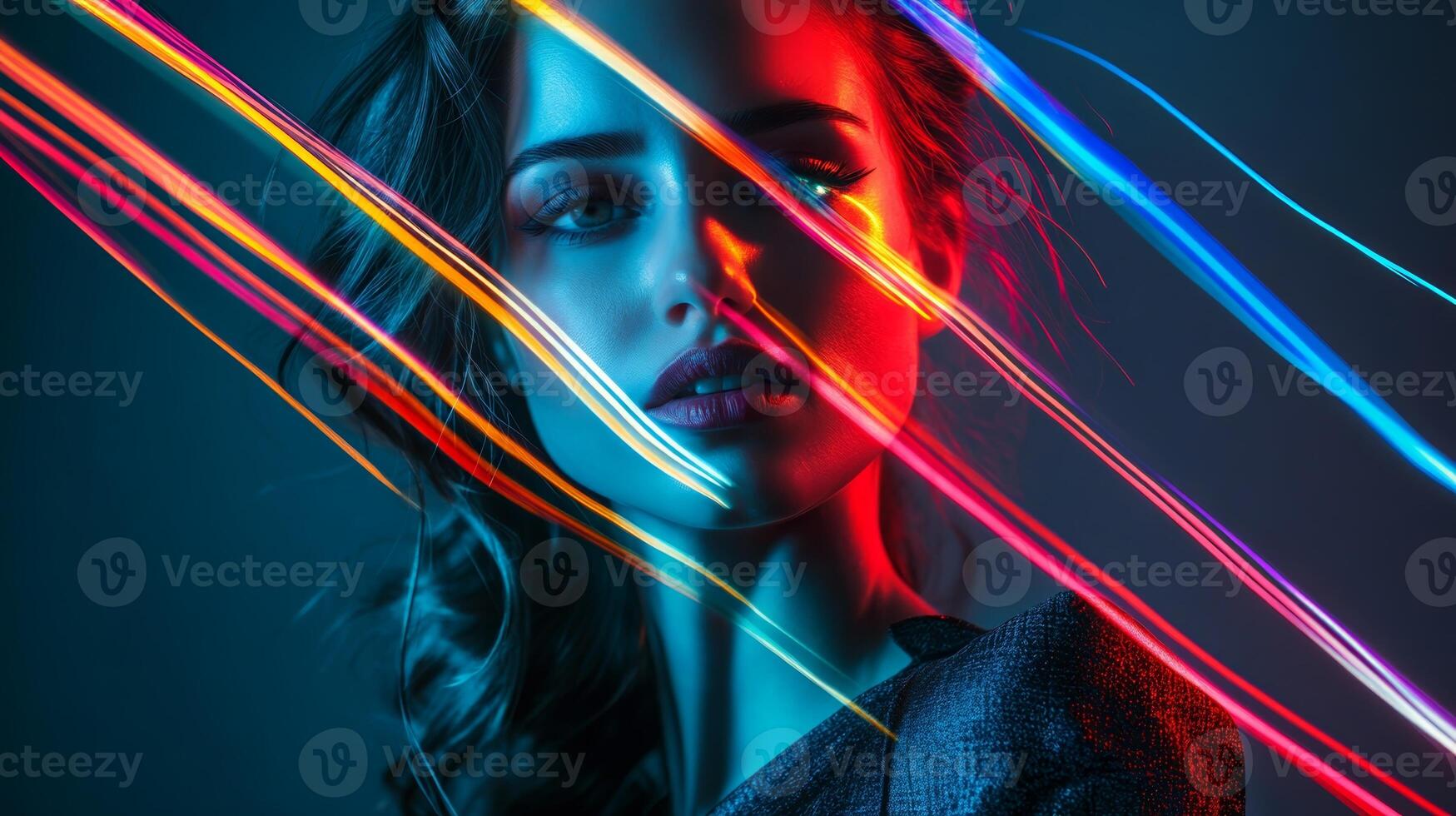 A woman with a sharp jawline and colorful light streaks playing across her face, creating a striking contrast against her modern outfit photo
