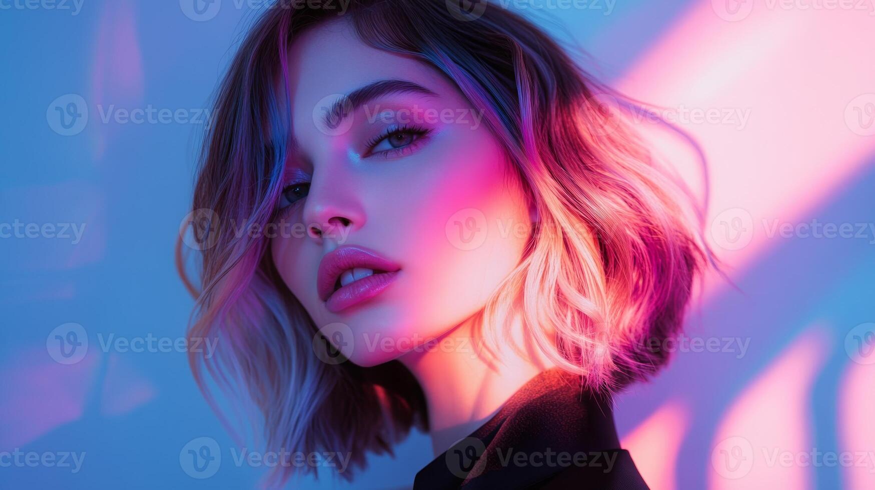 A beautiful woman with pastel-colored highlights dancing across her face, her chic hairstyle and elegant outfit complementing the look photo
