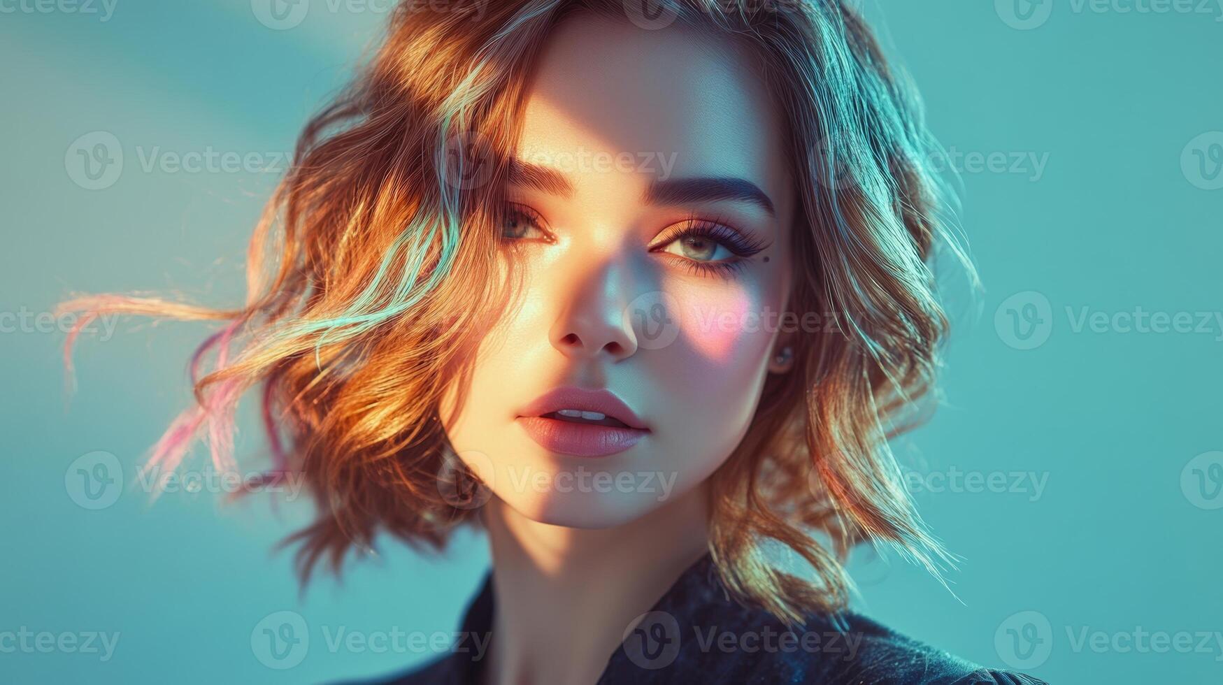 A beautiful woman with pastel-colored highlights dancing across her face, her chic hairstyle and elegant outfit complementing the look photo