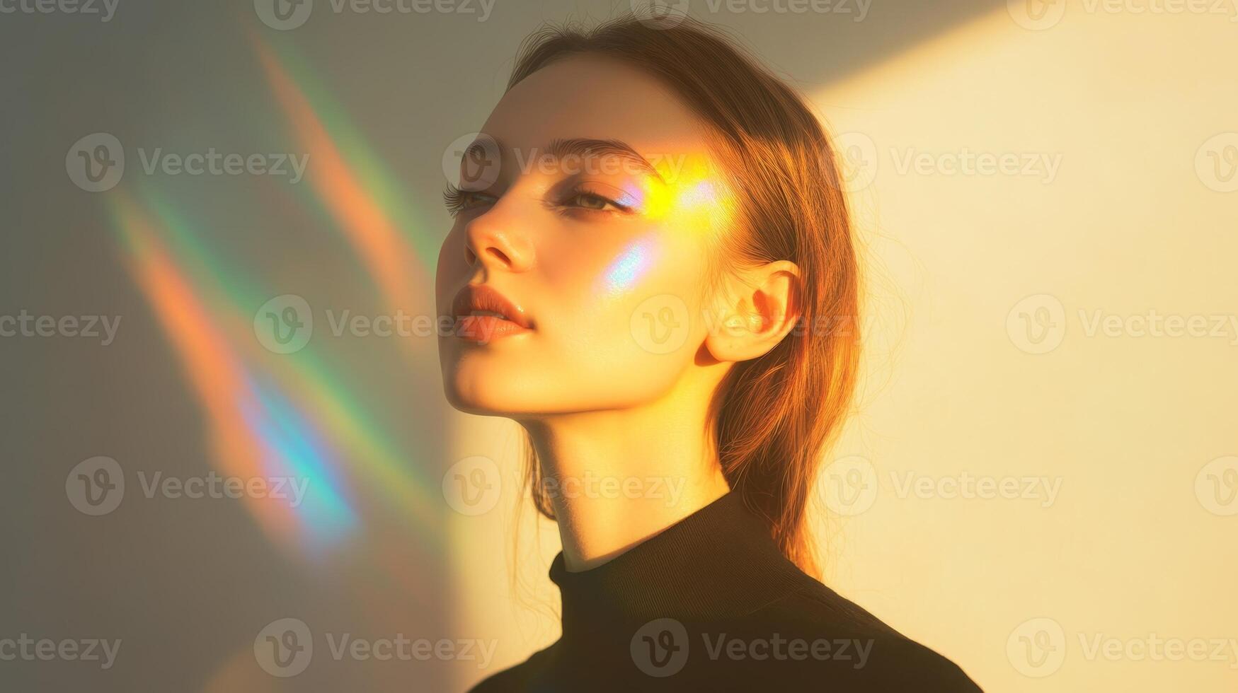A chic woman standing in soft ambient lighting, with subtle rainbow highlights creating a dreamy, ethereal effect on her face photo