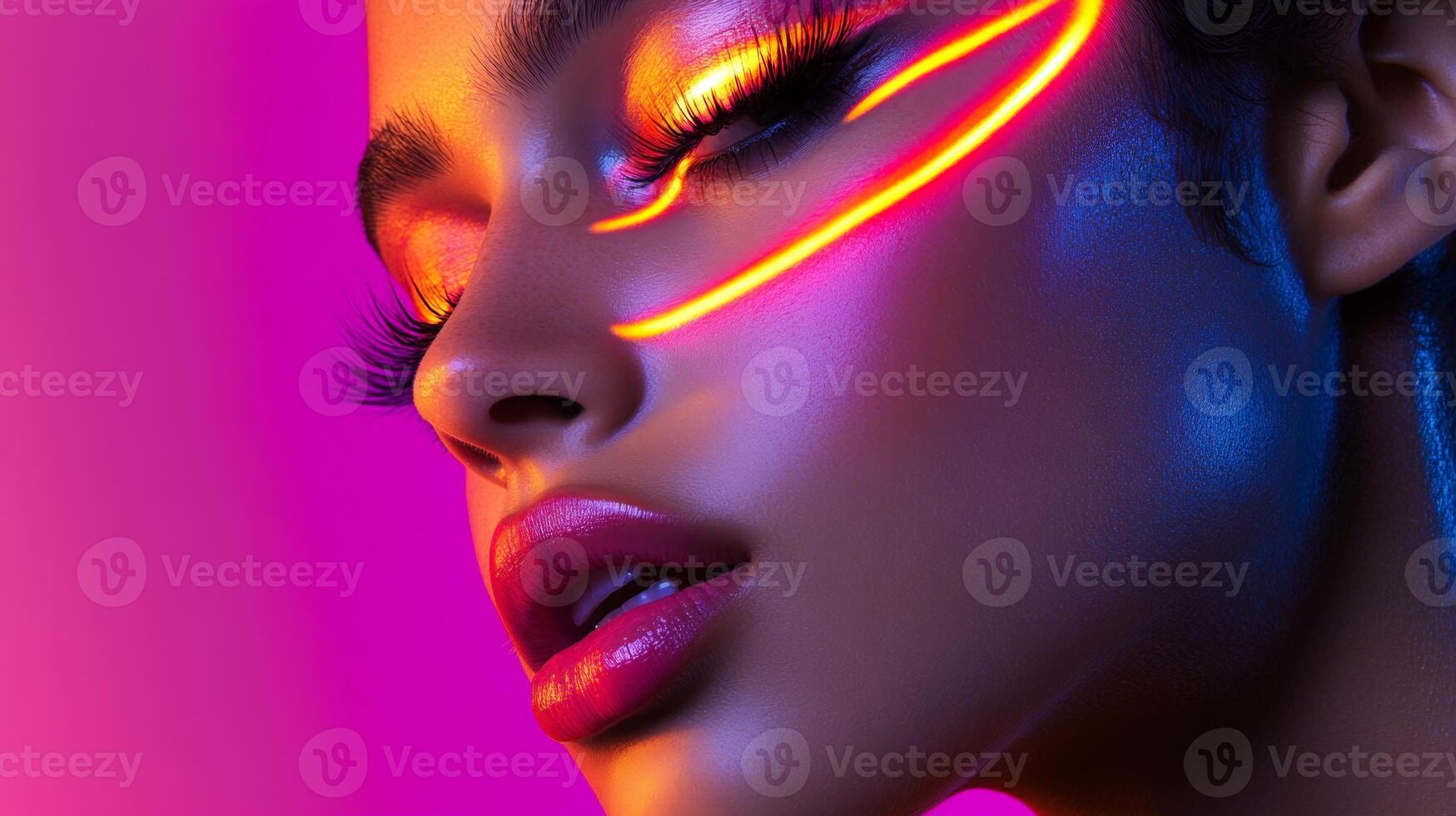 A close-up of a model's face with bold, neon highlights dancing across her cheekbones and eyelids, enhancing her glamorous look photo