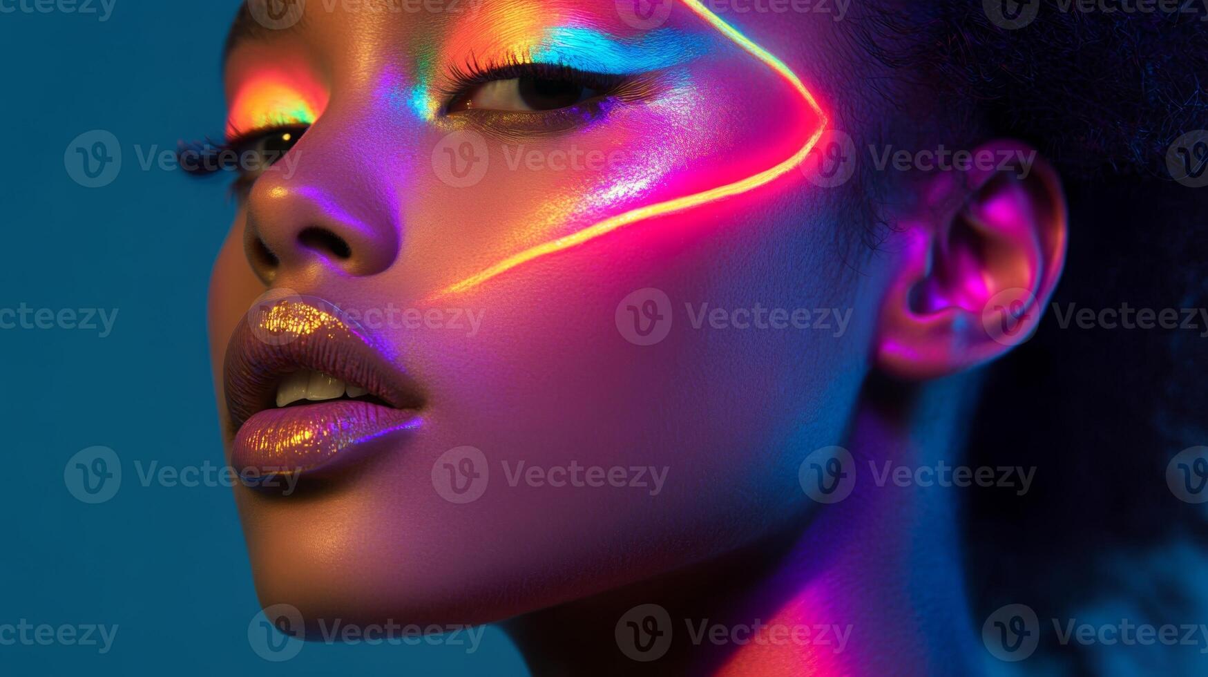 A close-up of a model's face with bold, neon highlights dancing across her cheekbones and eyelids, enhancing her glamorous look photo