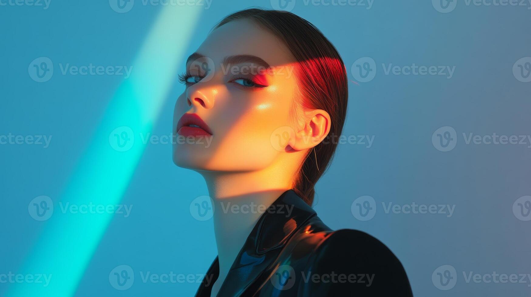 A fashionable woman in a minimalist setting, with delicate multicolor highlights adding a futuristic touch to her otherwise classic look photo