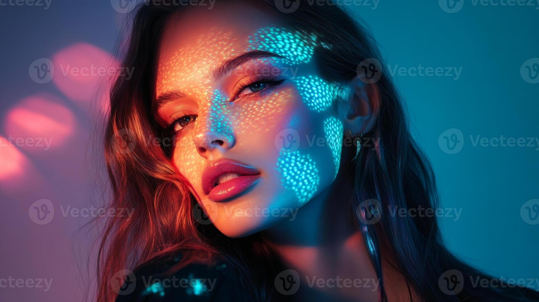 A fashionable woman posing in ambient light, with soft, multicolor highlights creating a playful and artistic pattern on her face photo