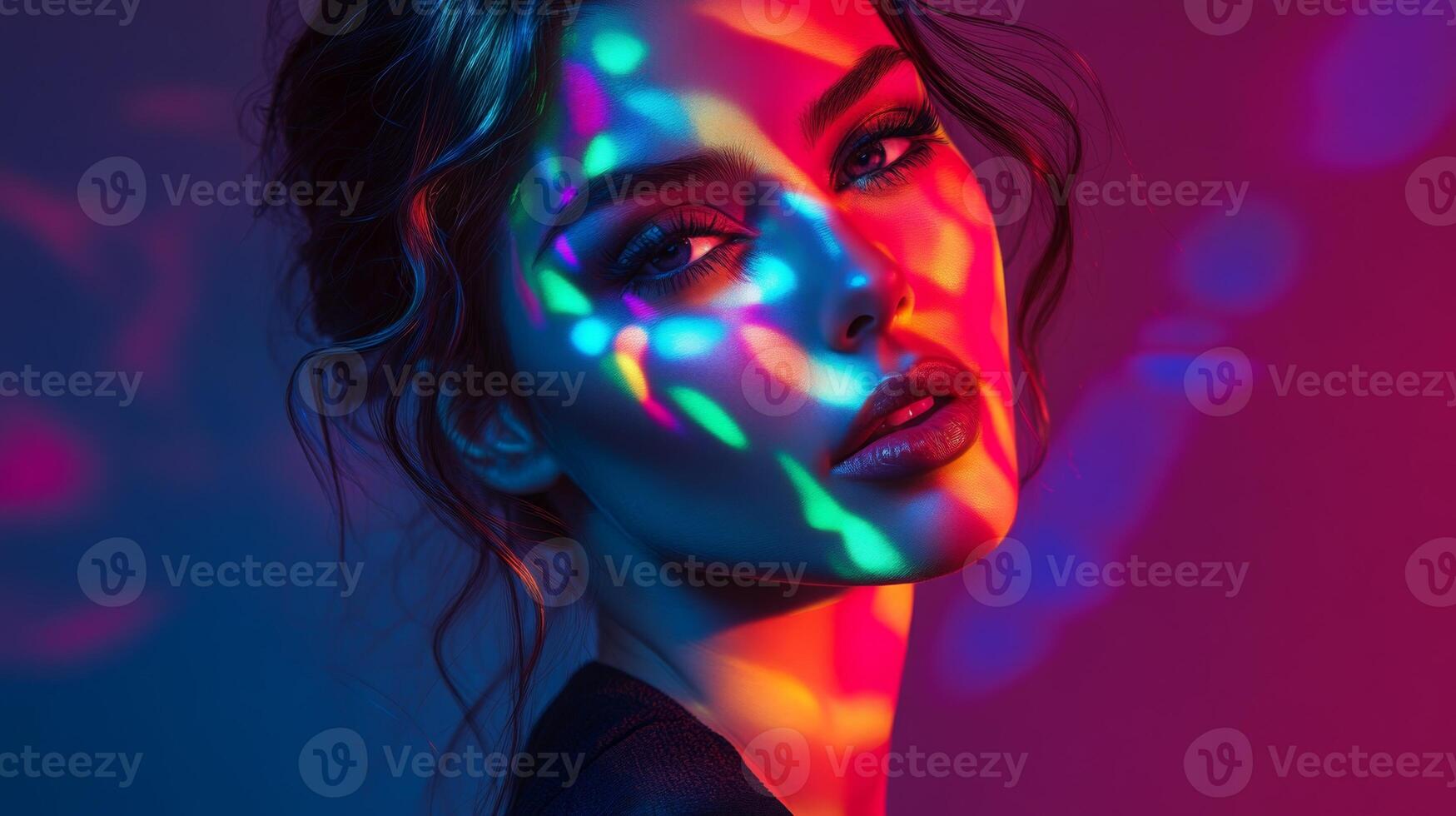 A fashionable woman posing in ambient light, with soft, multicolor highlights creating a playful and artistic pattern on her face photo