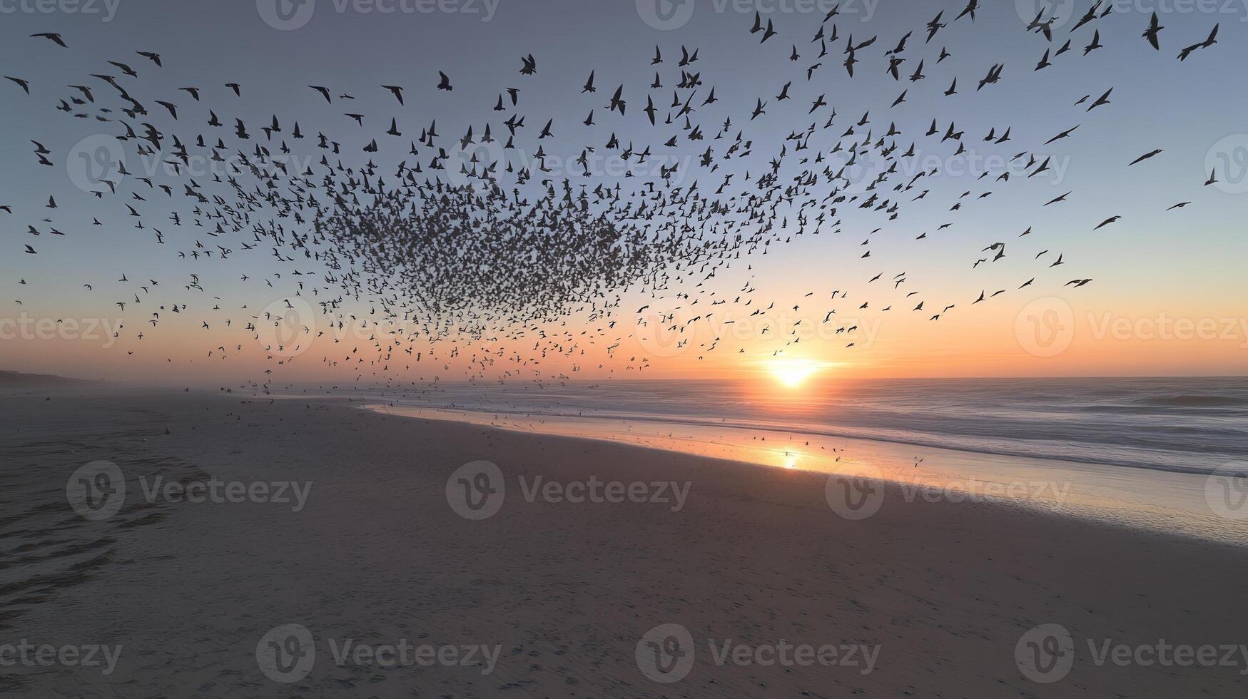 A large flock of birds flying over an expansive beach during migration, with the sun low on the horizon photo