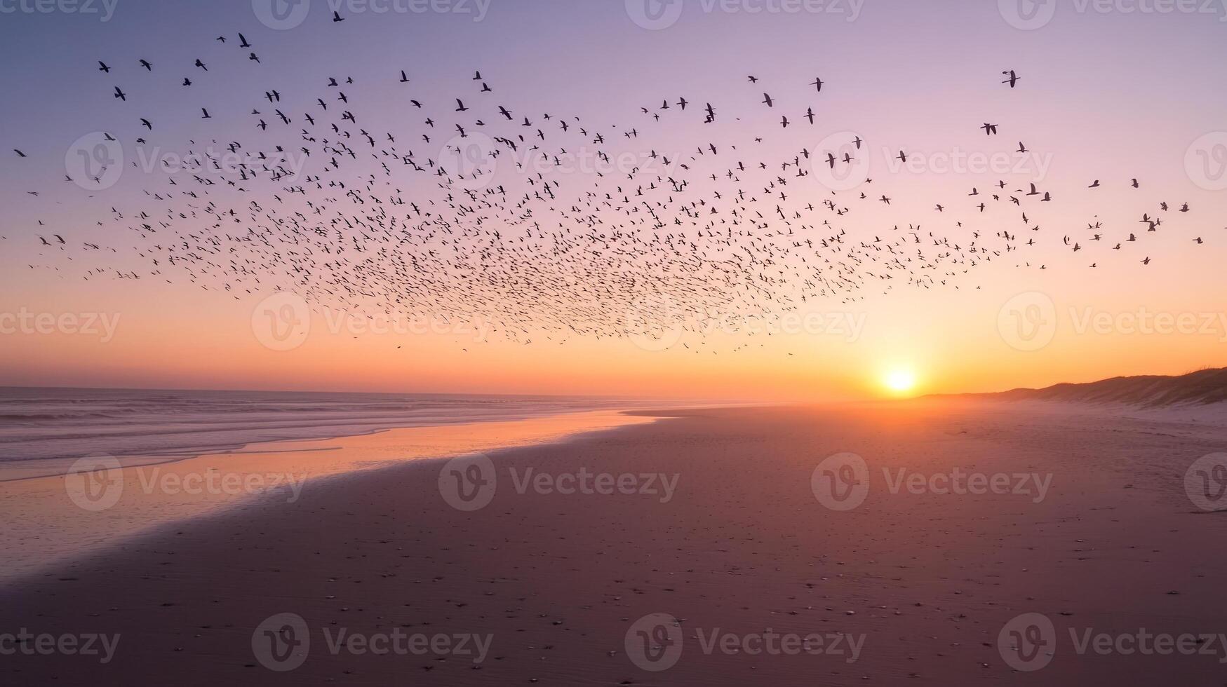 A large flock of birds flying over an expansive beach during migration, with the sun low on the horizon photo