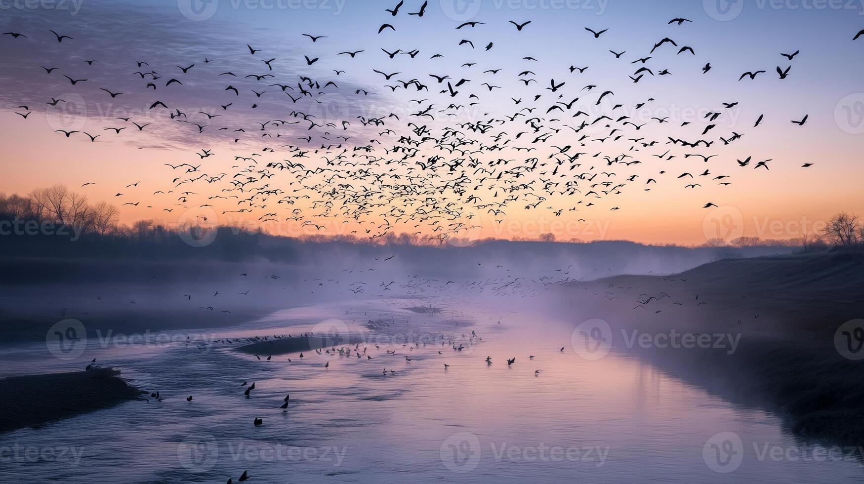 A large group of birds flying over a wide river at dawn, with mist rising from the water photo