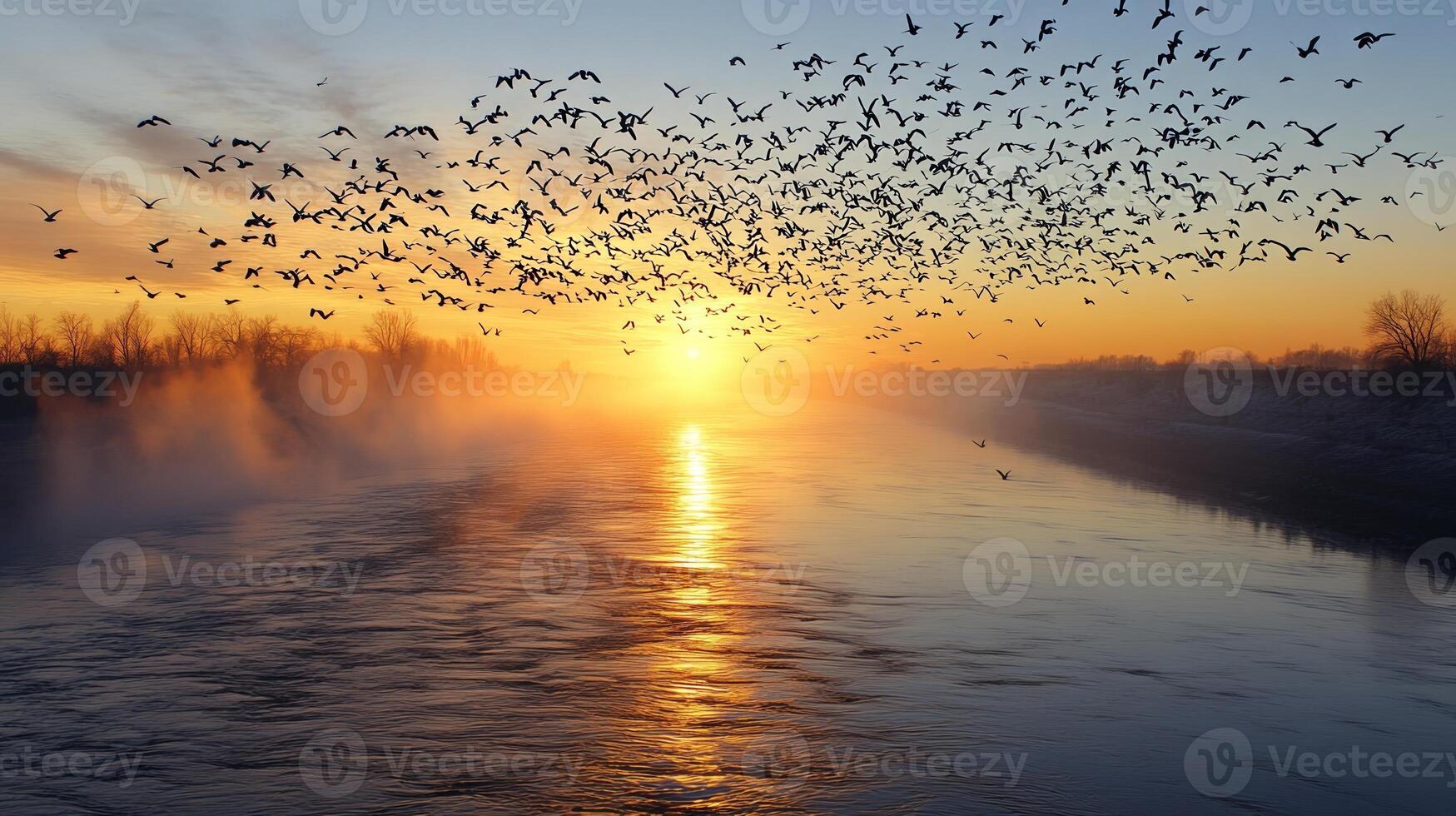 A large group of birds flying over a wide river at dawn, with mist rising from the water photo