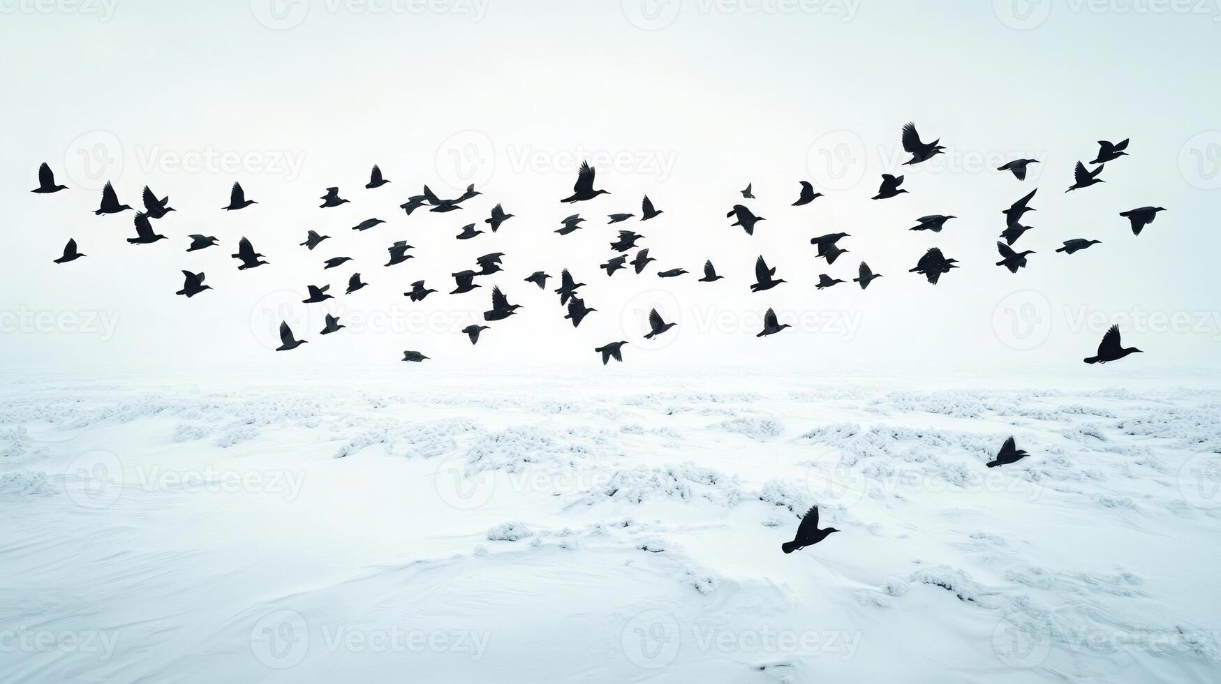 Birds in migration passing over a snowy tundra, their black shapes contrasting with the white landscape photo