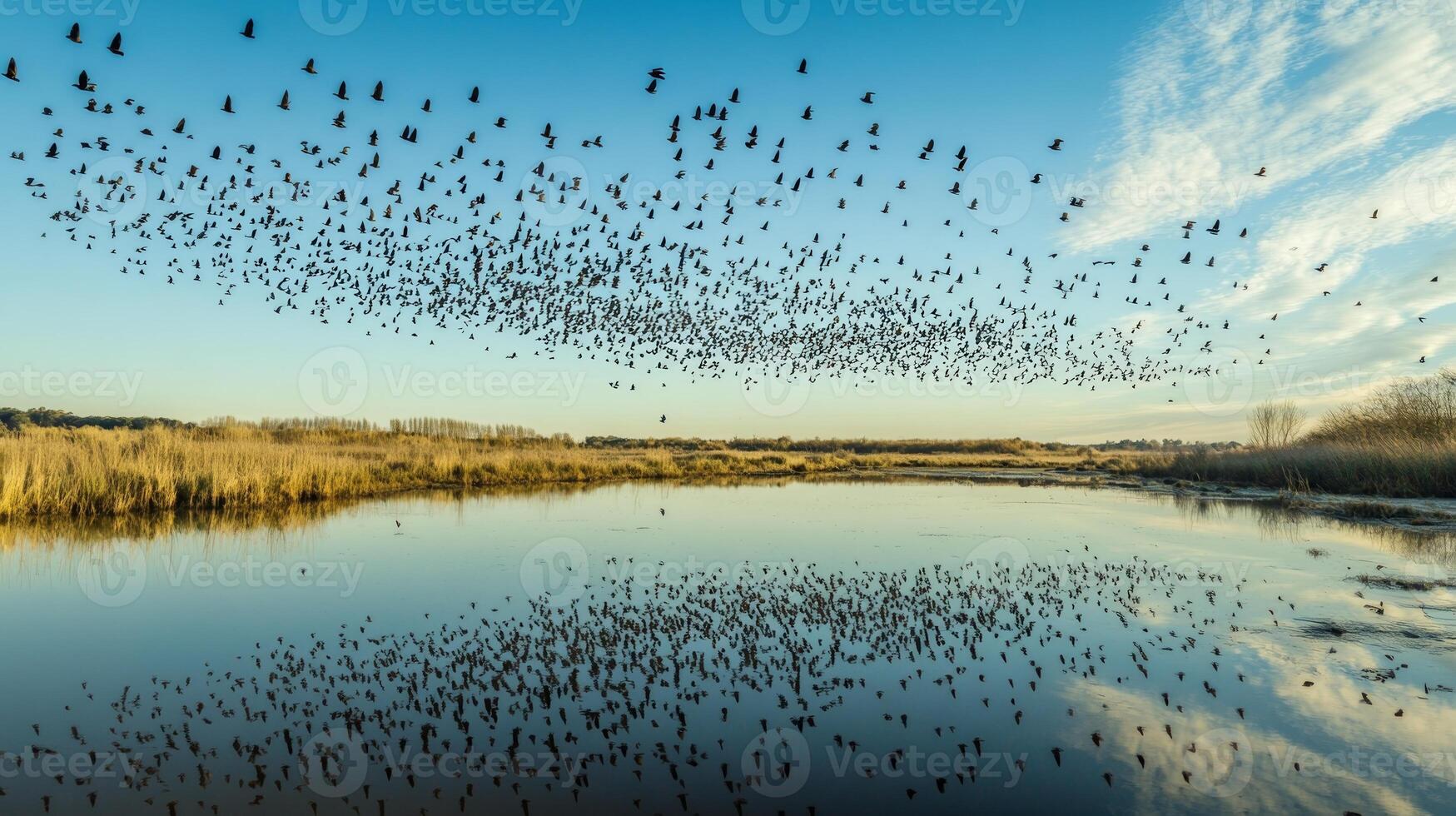 Birds migrating over a wetland area, with reflections of the flock in the still water below photo