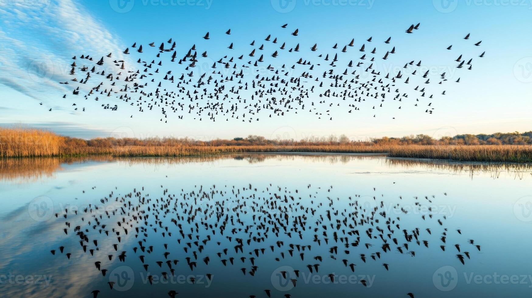 Birds migrating over a wetland area, with reflections of the flock in the still water below photo