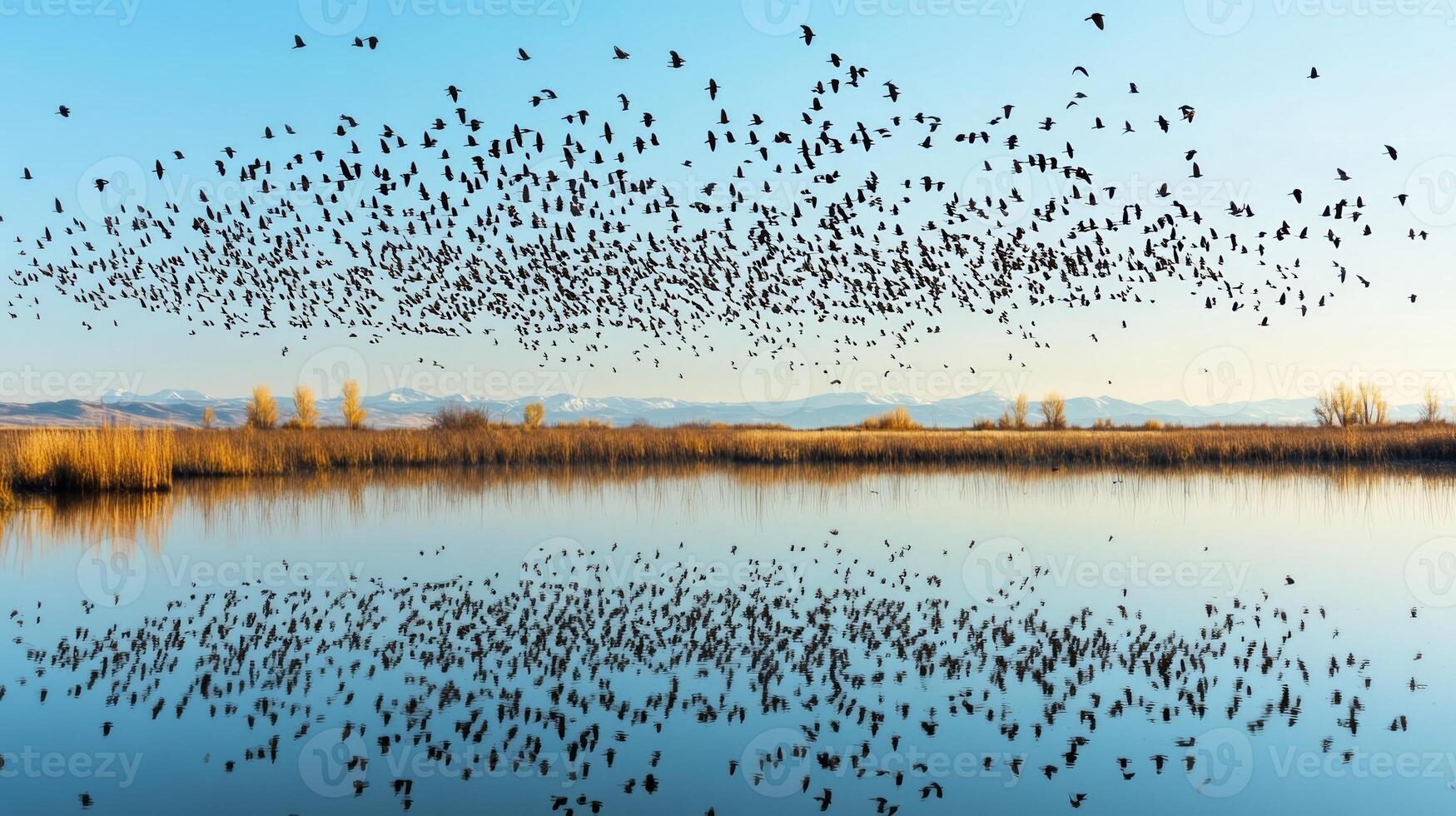 Birds migrating over a wetland area, with reflections of the flock in the still water below photo