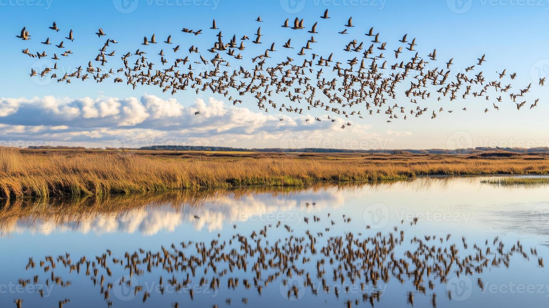 Birds migrating over a wetland area, with reflections of the flock in the still water below photo