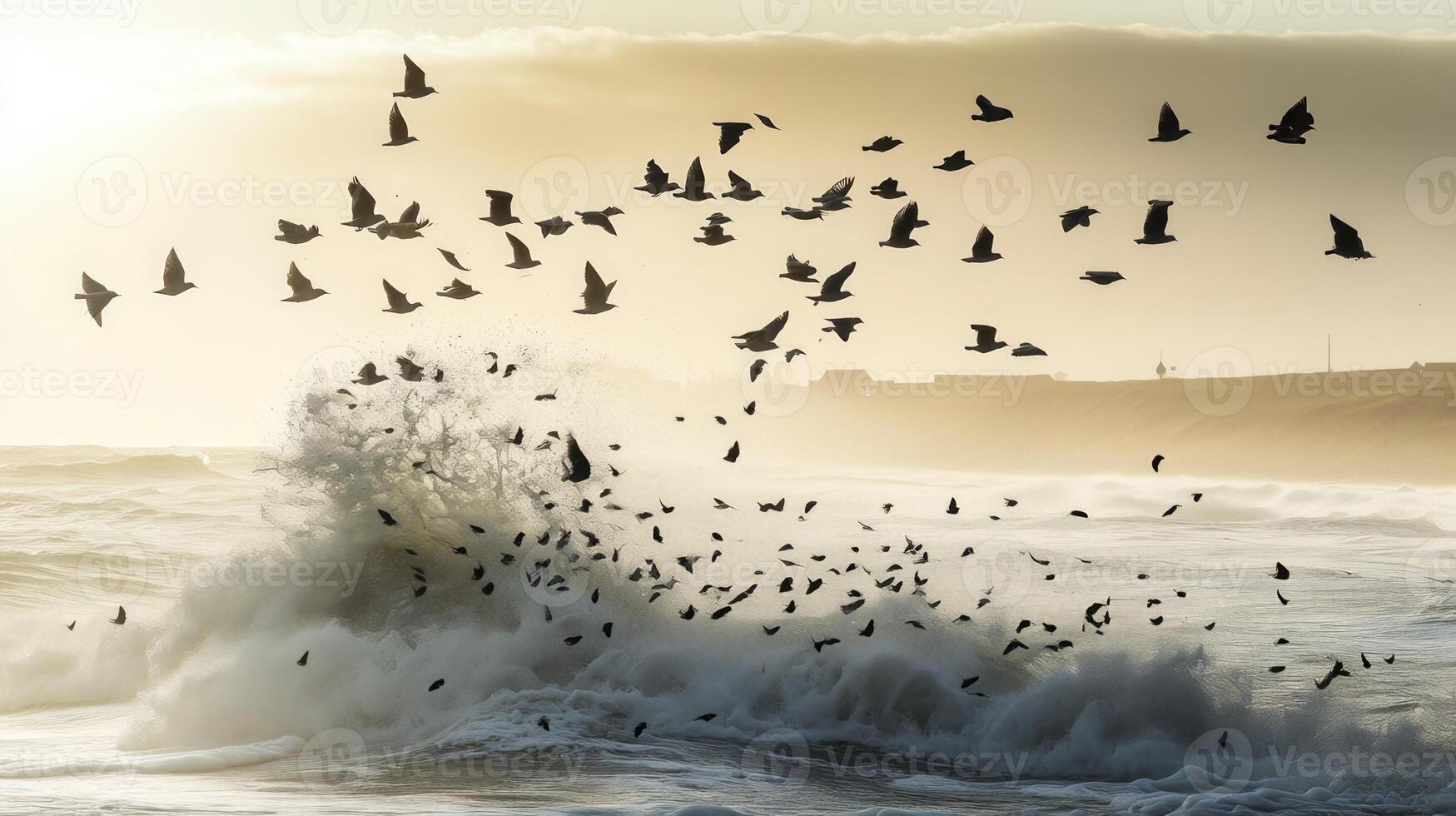 Migrating birds flying over a coastal landscape, with waves crashing against the shore in the background photo