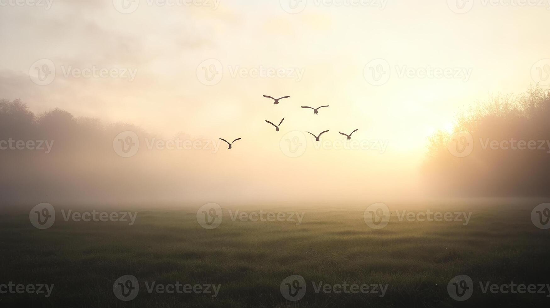 Migrating birds flying over a foggy field, with soft light breaking through the mist photo