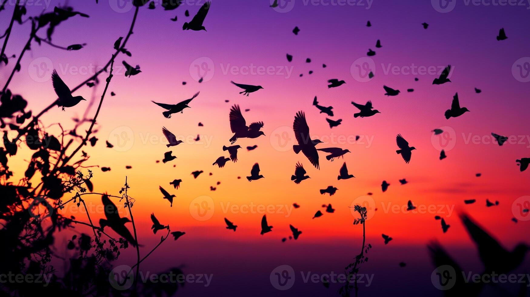 Silhouettes of migrating birds flying across a twilight sky, with shades of purple and orange in the background photo
