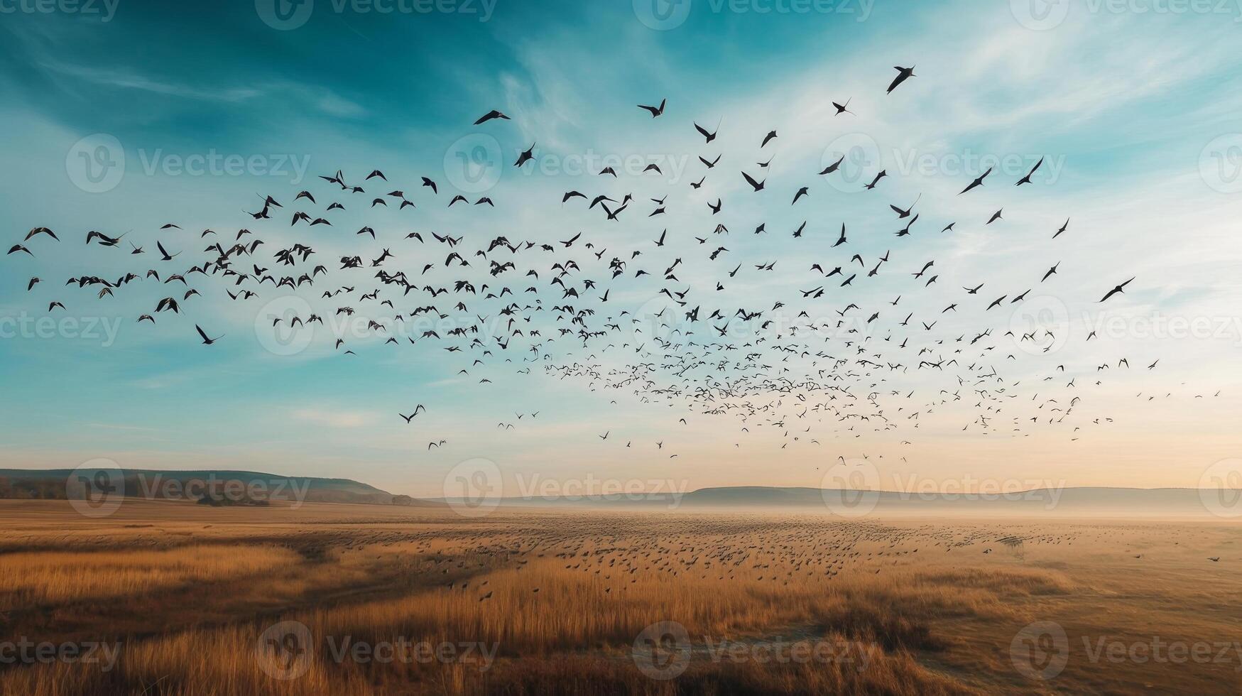 A dense flock of birds flying over an open savannah landscape during their migration journey photo