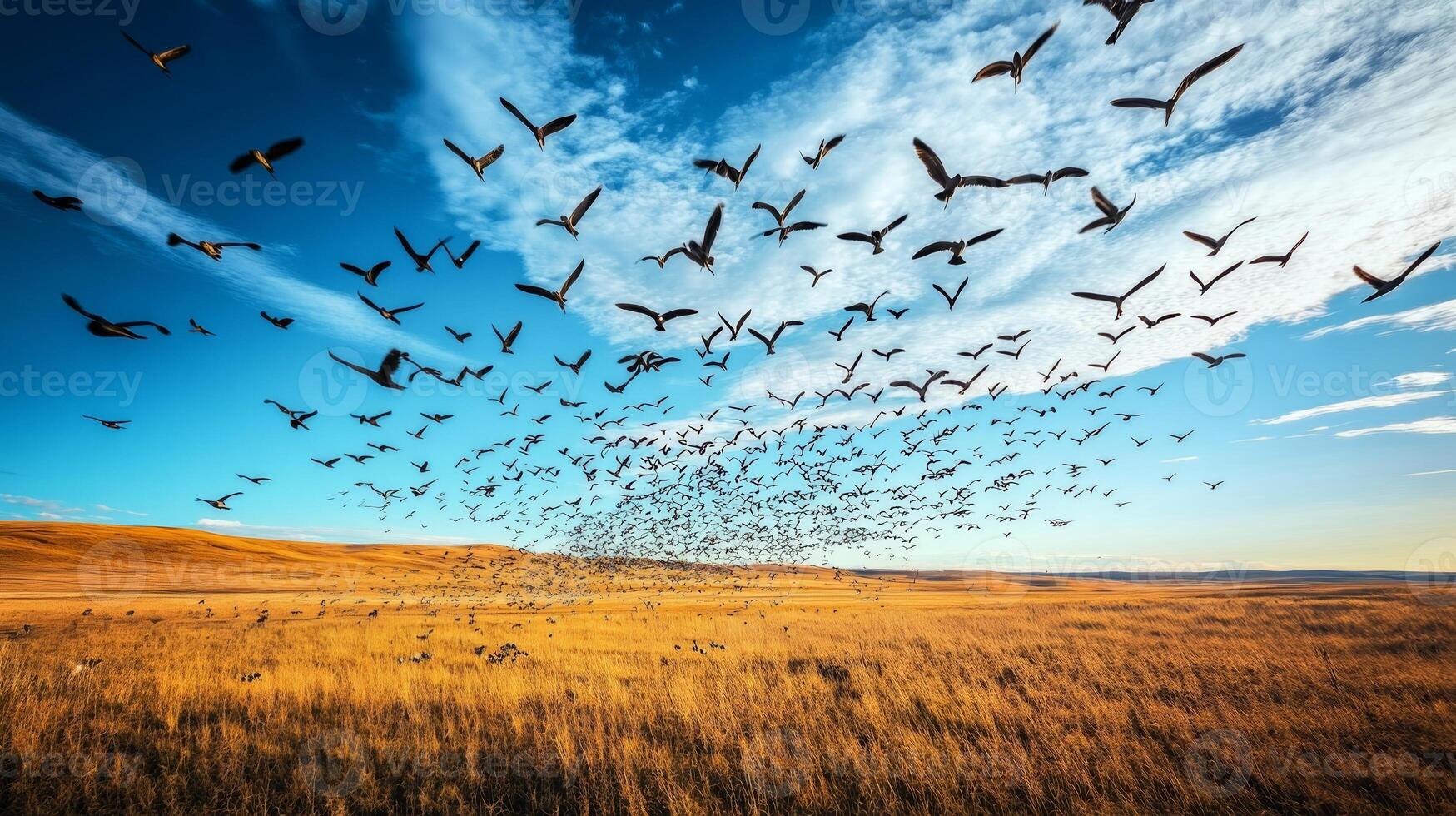 A dense flock of birds flying over an open savannah landscape during their migration journey photo