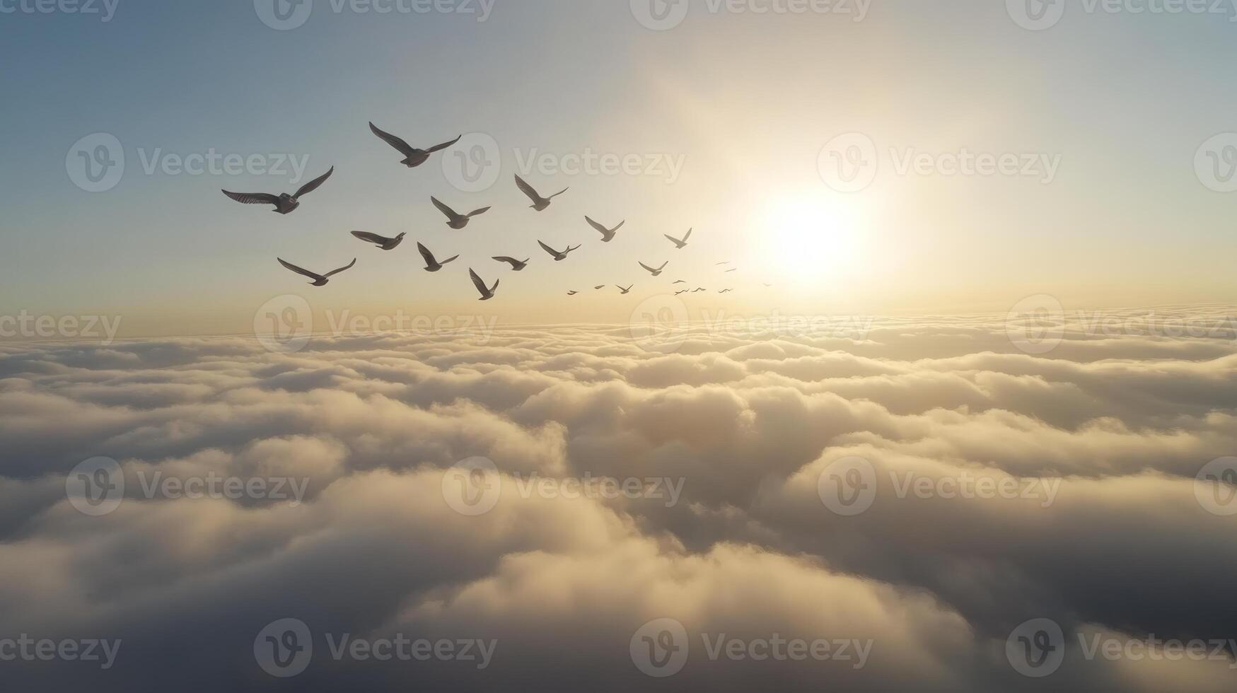A flock of birds flying above the clouds, with the sun peeking through and illuminating their wings photo