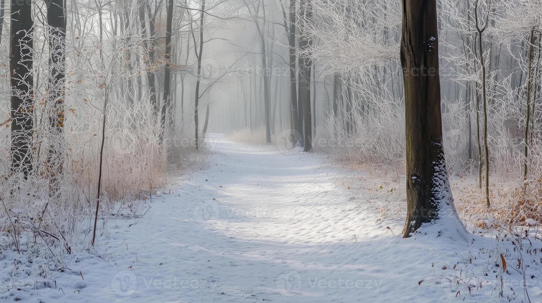 A peaceful forest trail covered in fresh snow, with bare tree branches gently dusted in frost photo