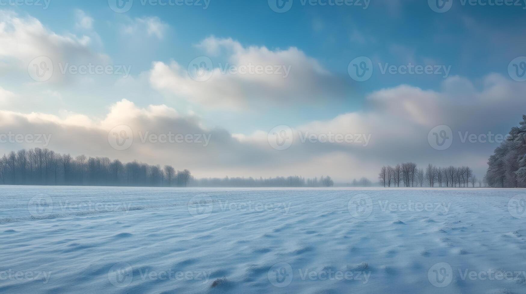 A quiet, snow-covered field with a distant line of trees and soft clouds rolling across the sky photo