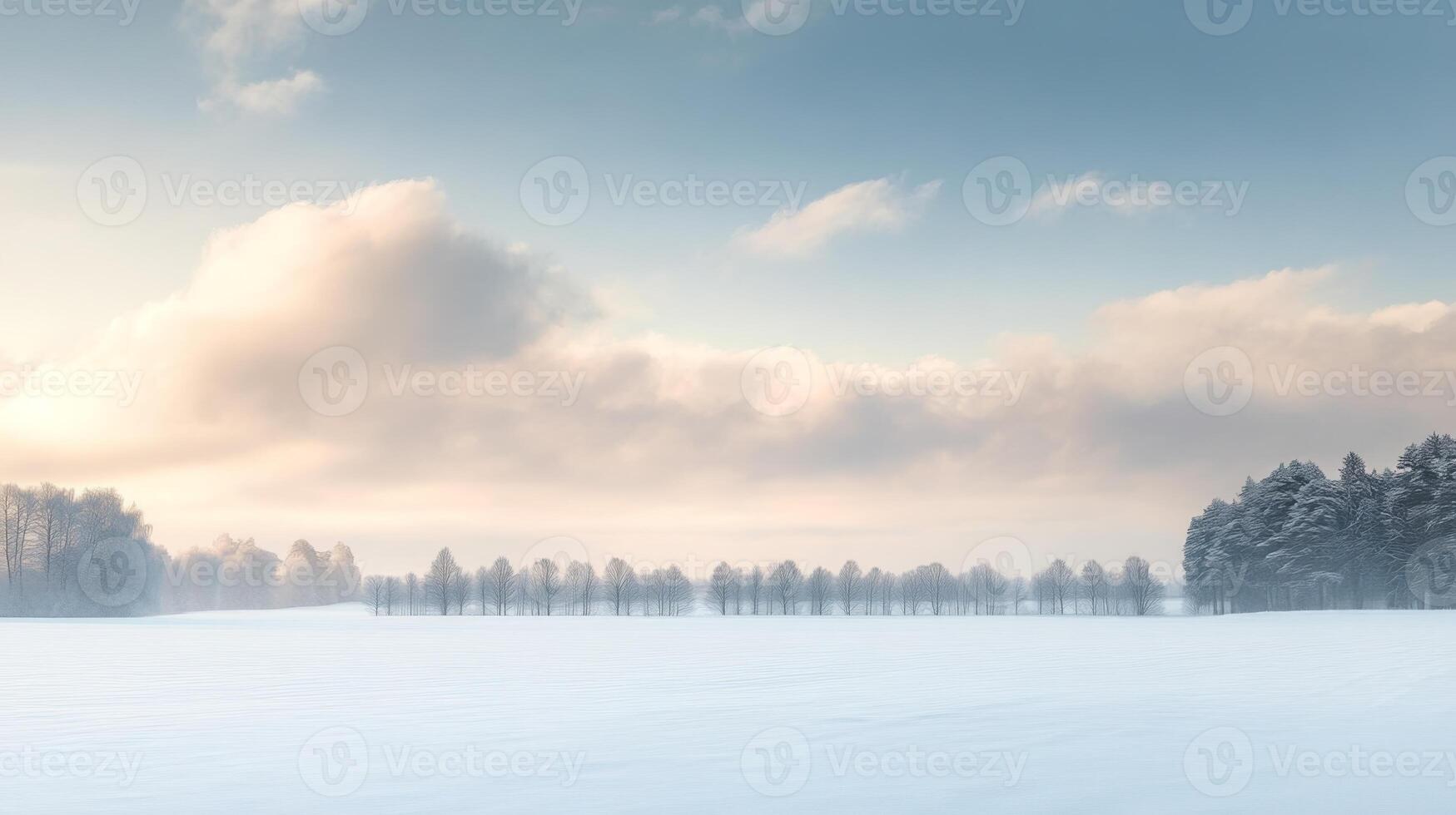 A quiet, snow-covered field with a distant line of trees and soft clouds rolling across the sky photo