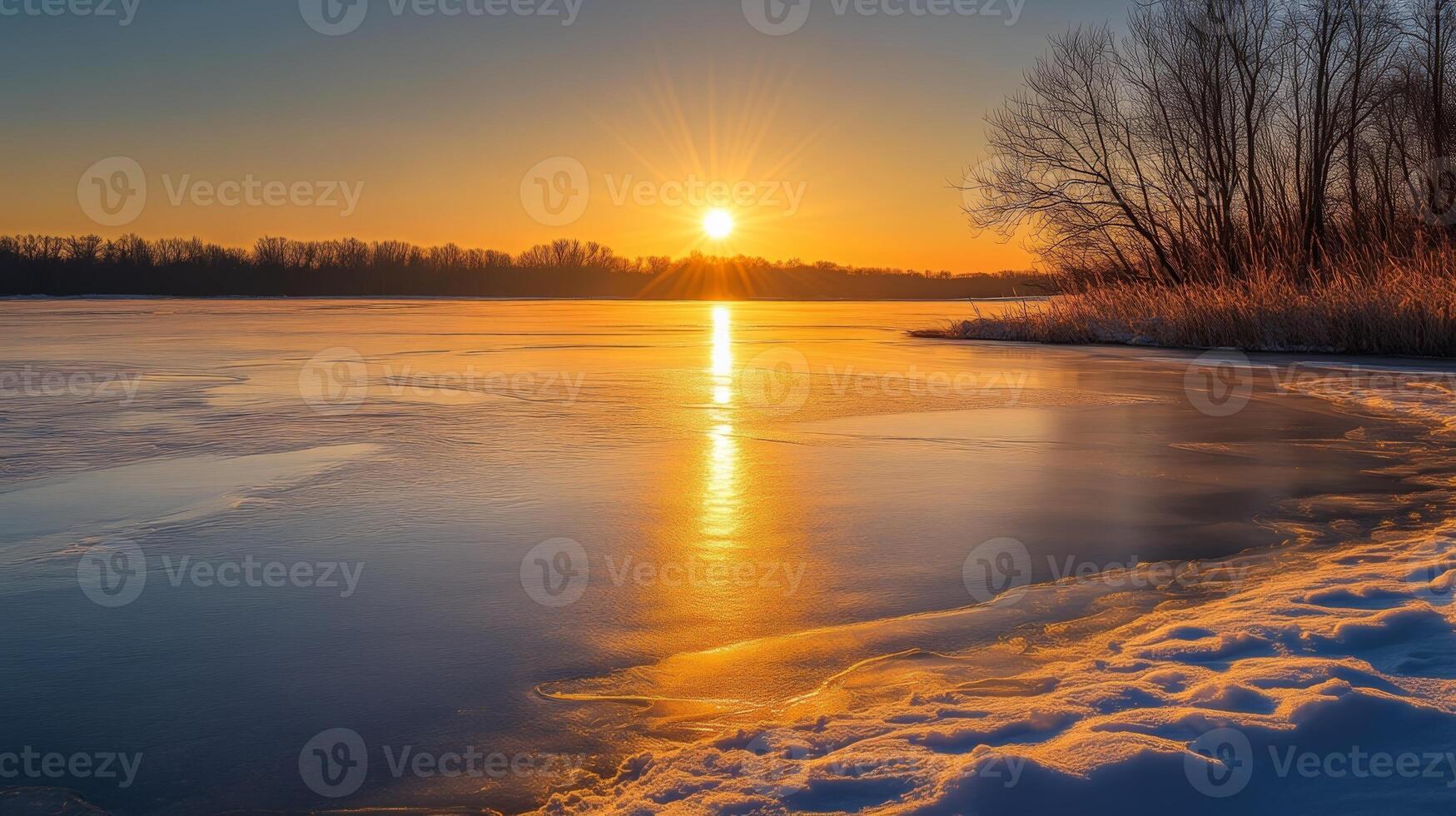 A winter sunset over a frozen lake, with warm golden light reflecting on the snow and ice photo