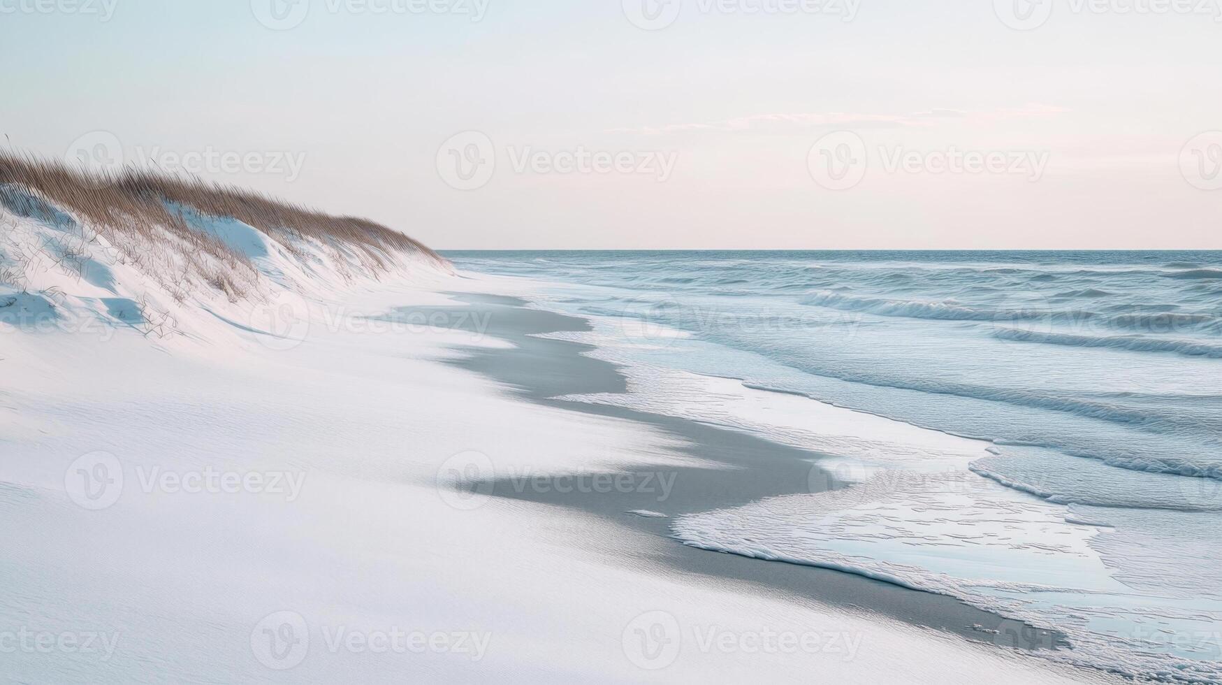 A calm winter beach with snow on the dunes and icy waves lapping at the shore, under a pale blue sky photo